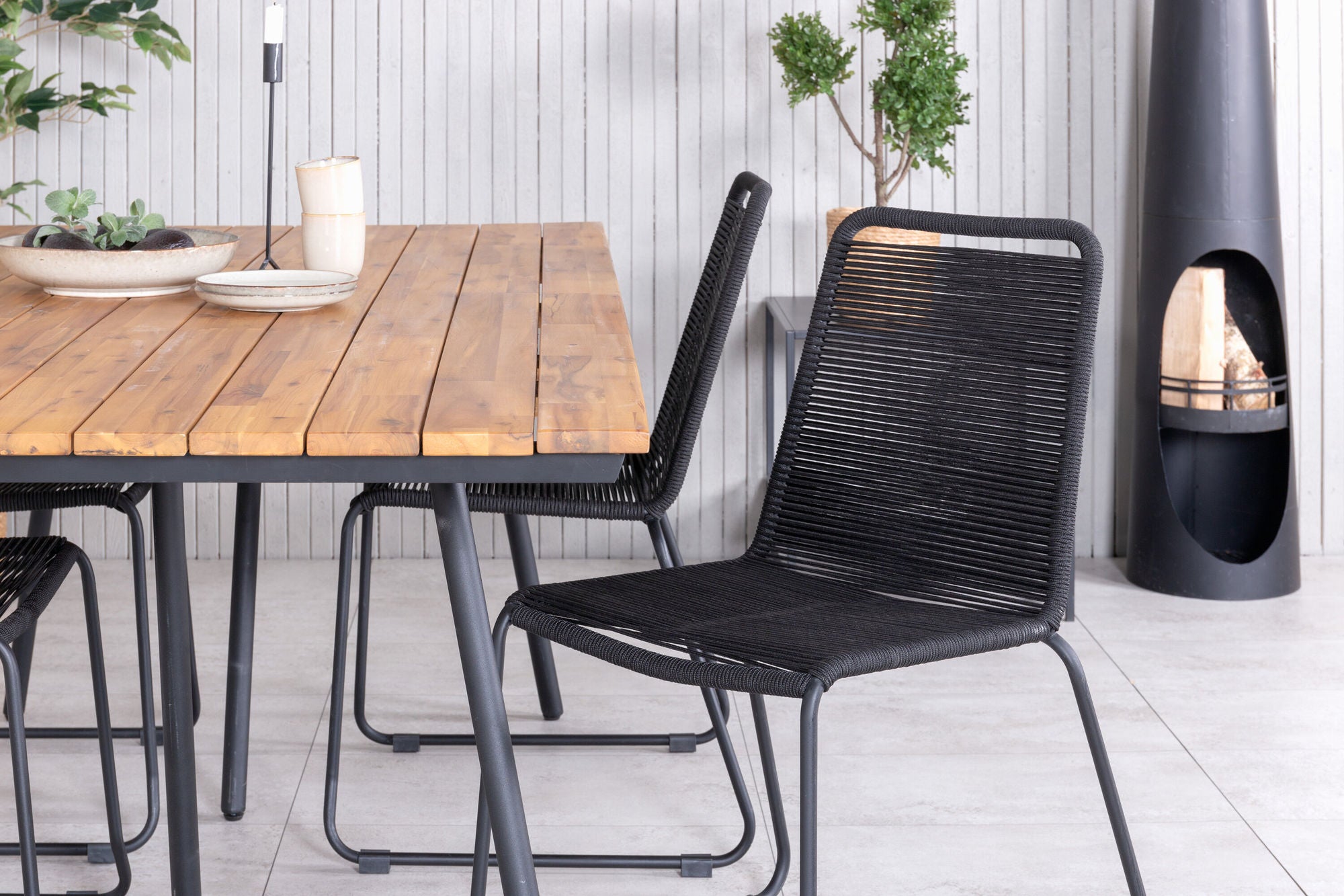 Venture Home Chan spisebord - Black Steel / Acacia (teak look) - 200cm+Lindos Stacking stol - Black Alu / Black Rope_4