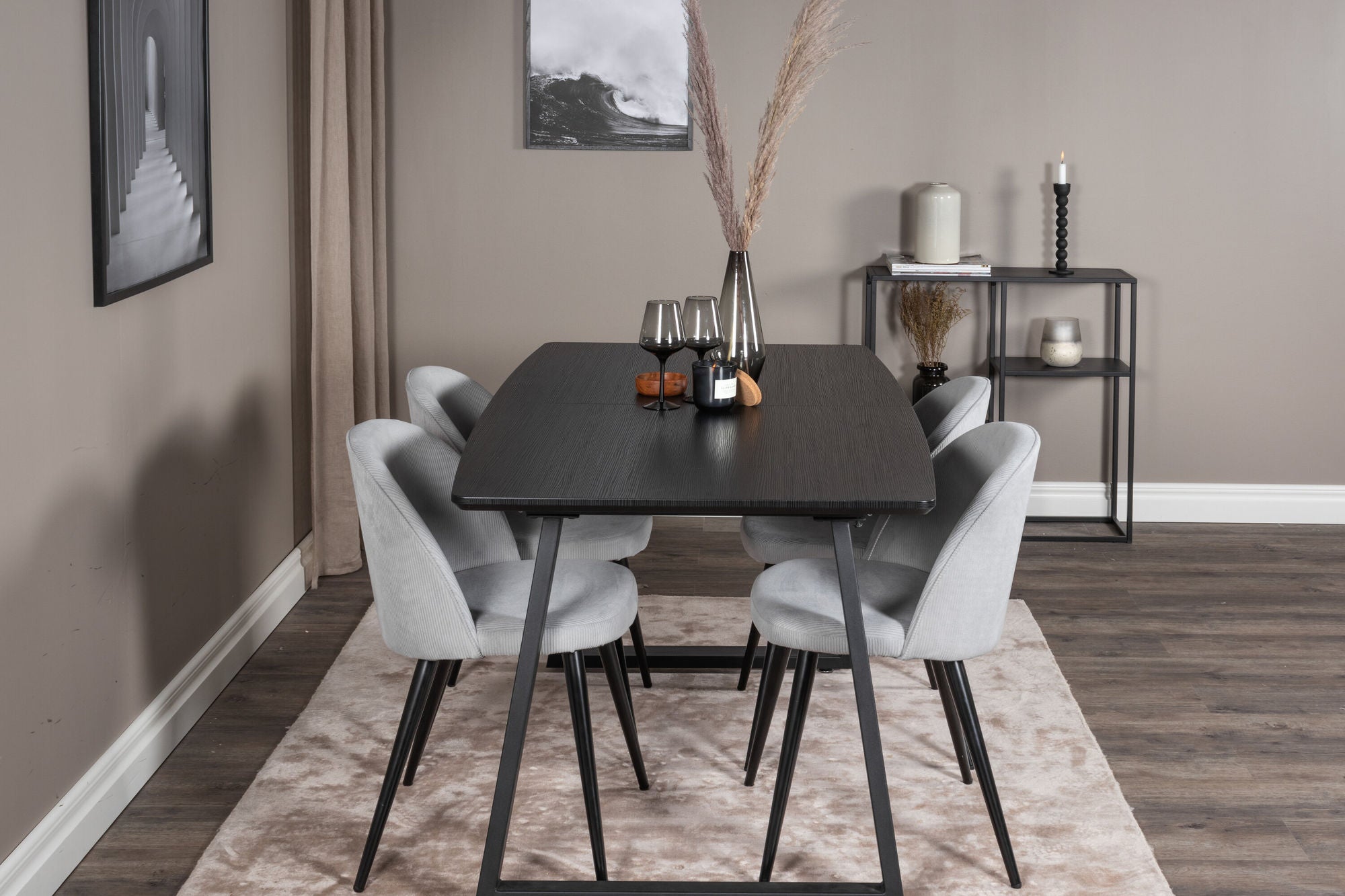 Venture Home Inca Extentionbord - Black top / black Legs+Velvet Spisebordsstol Corduroy - Light Grey / Black_4