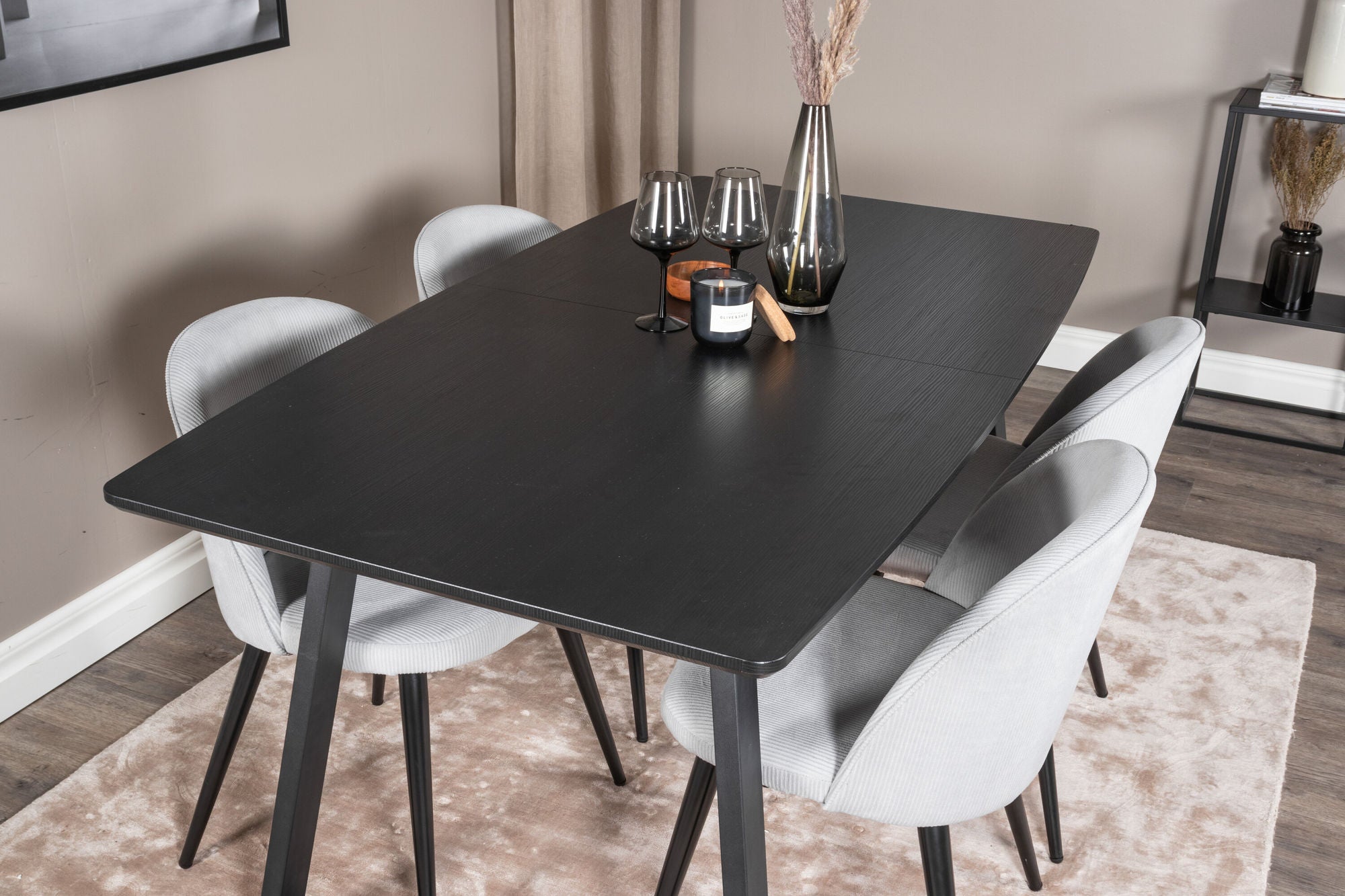 Venture Home Inca Extentionbord - Black top / black Legs+Velvet Spisebordsstol Corduroy - Light Grey / Black_4