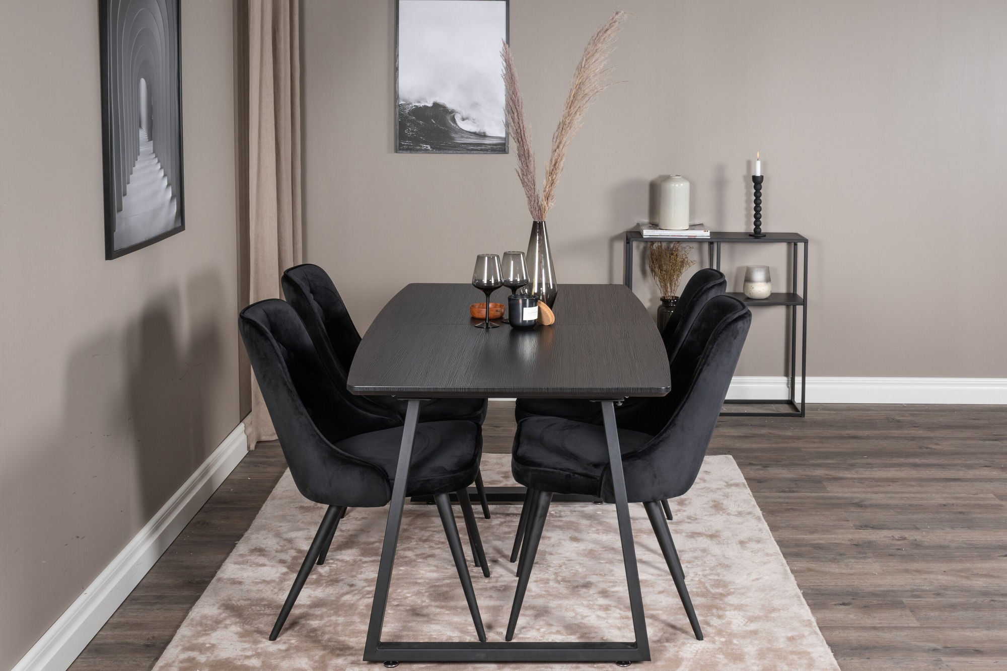 Venture Home Inca Extentionbord - Black top / black Legs+Velvet Deluxe Spisebordsstol - Black / Black_4