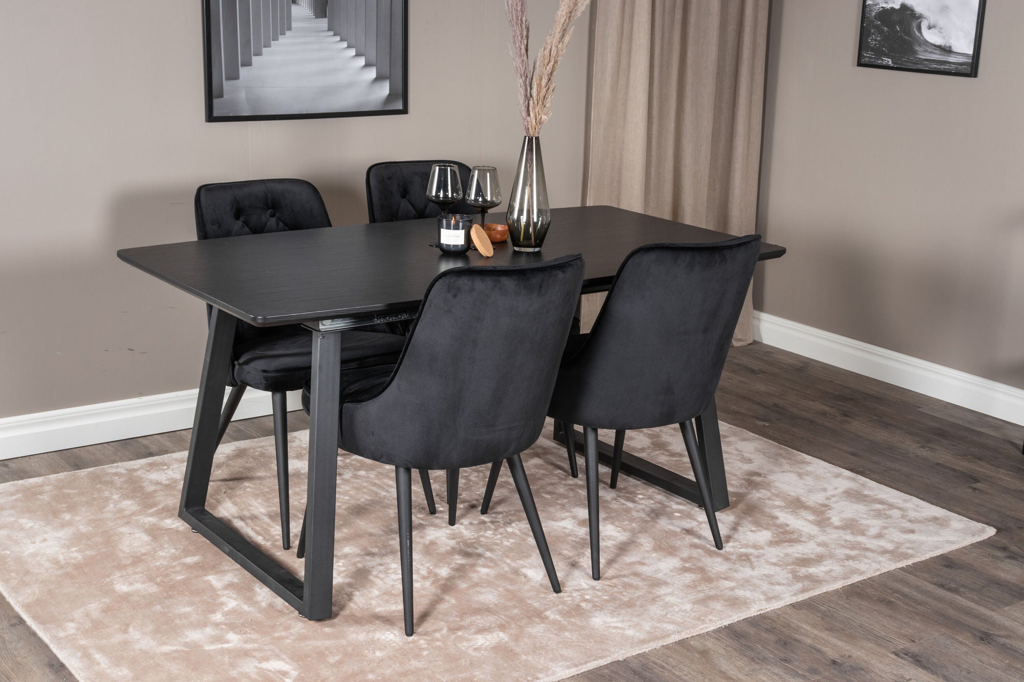 Venture Home Inca Extentionbord - Black top / black Legs+Velvet Deluxe Spisebordsstol - Black / Black_4