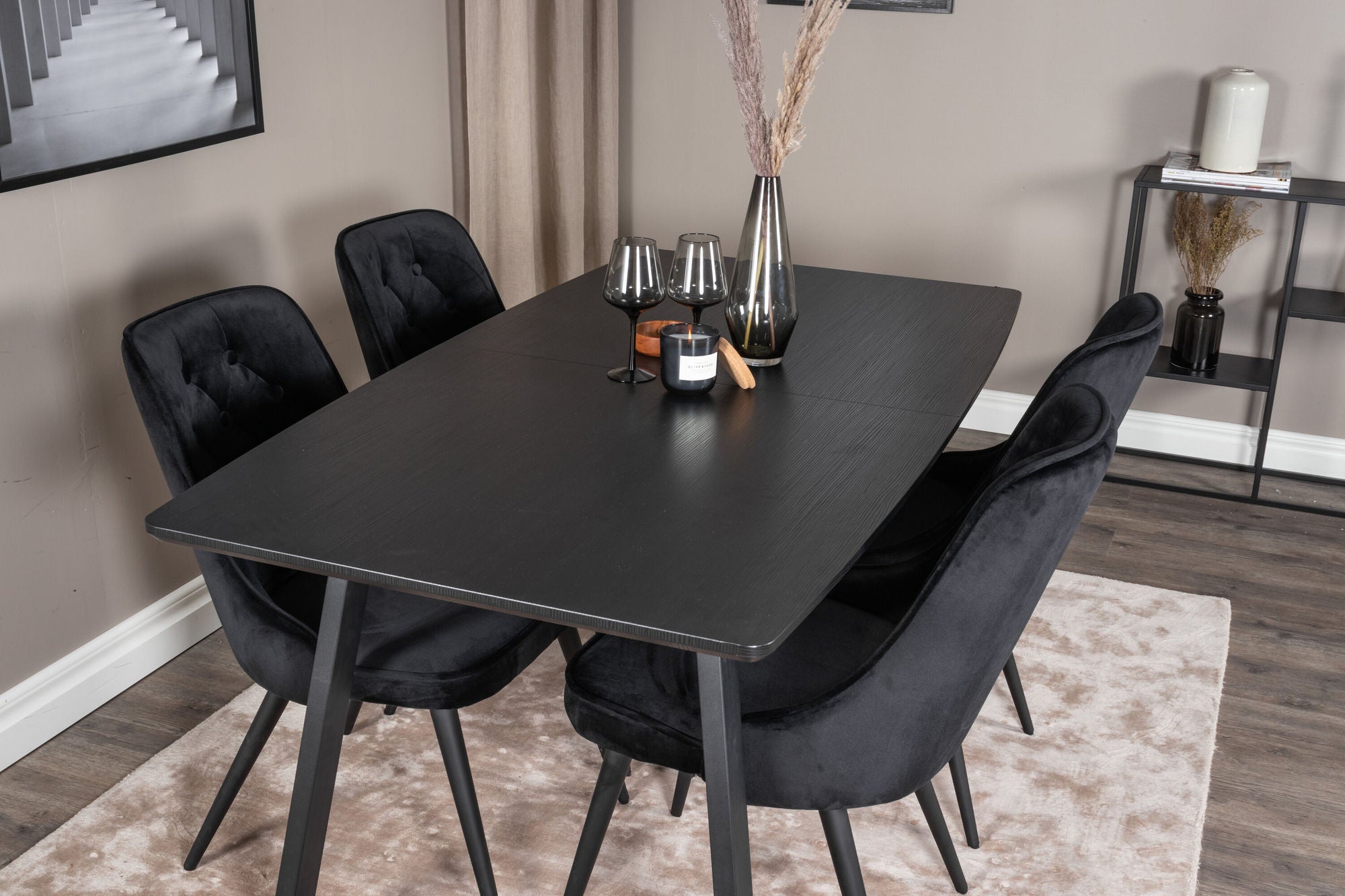 Venture Home Inca Extentionbord - Black top / black Legs+Velvet Deluxe Spisebordsstol - Black / Black_4