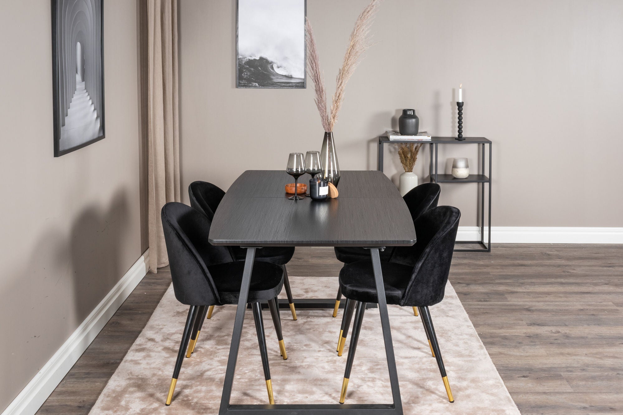 Venture Home Inca Extentionbord - Black top / black Legs+Velvet Spisebordsstol Brass - Black / Black_4