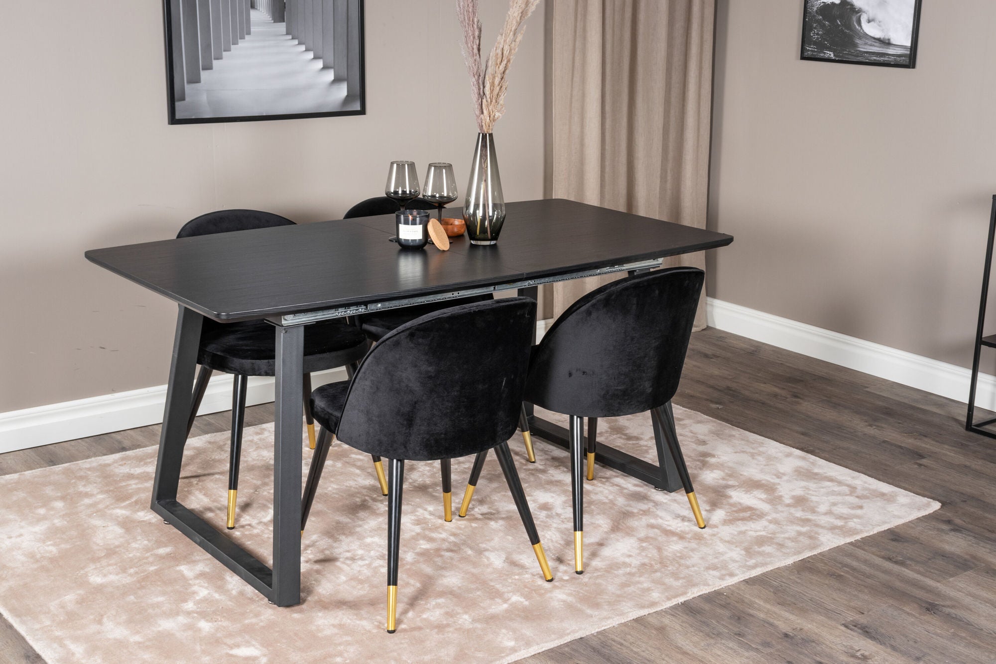 Venture Home Inca Extentionbord - Black top / black Legs+Velvet Spisebordsstol Brass - Black / Black_4