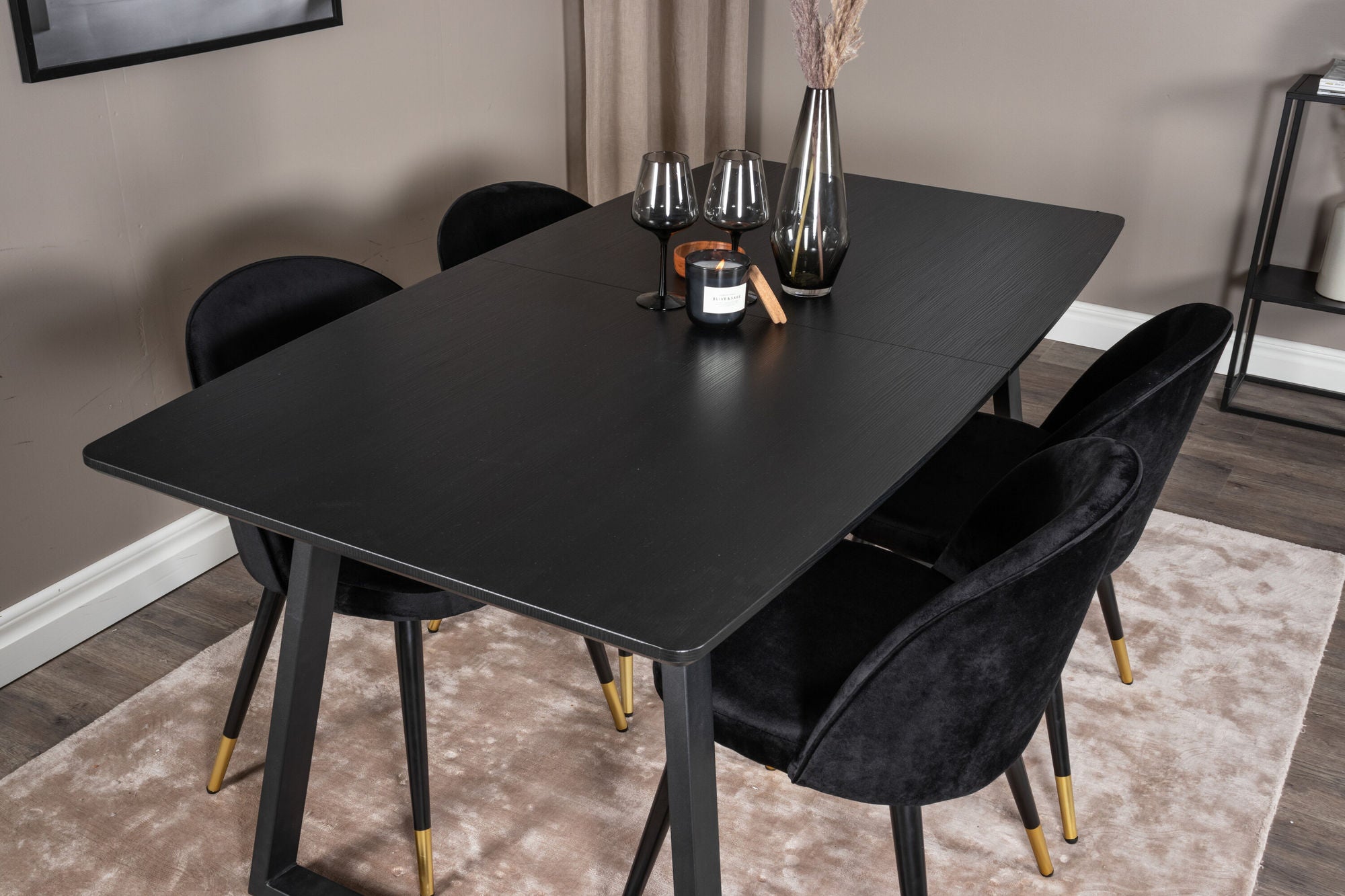 Venture Home Inca Extentionbord - Black top / black Legs+Velvet Spisebordsstol Brass - Black / Black_4