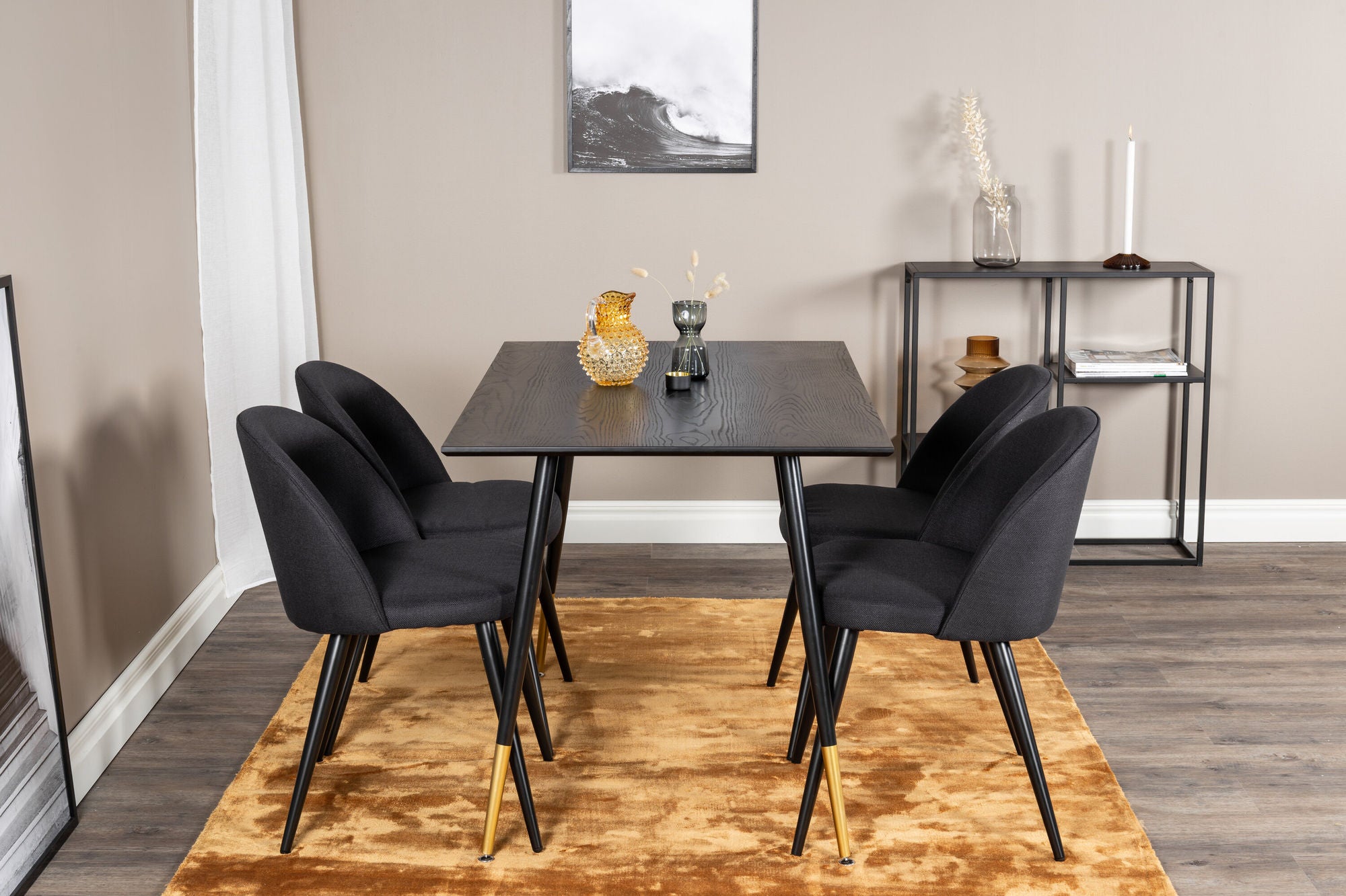 Venture Home Dipp spisebord - 120 cm - Black Veneer - Black Legs w. Brass dipp+Velvet Dining Chiar - Black legs- Black Fabric_4