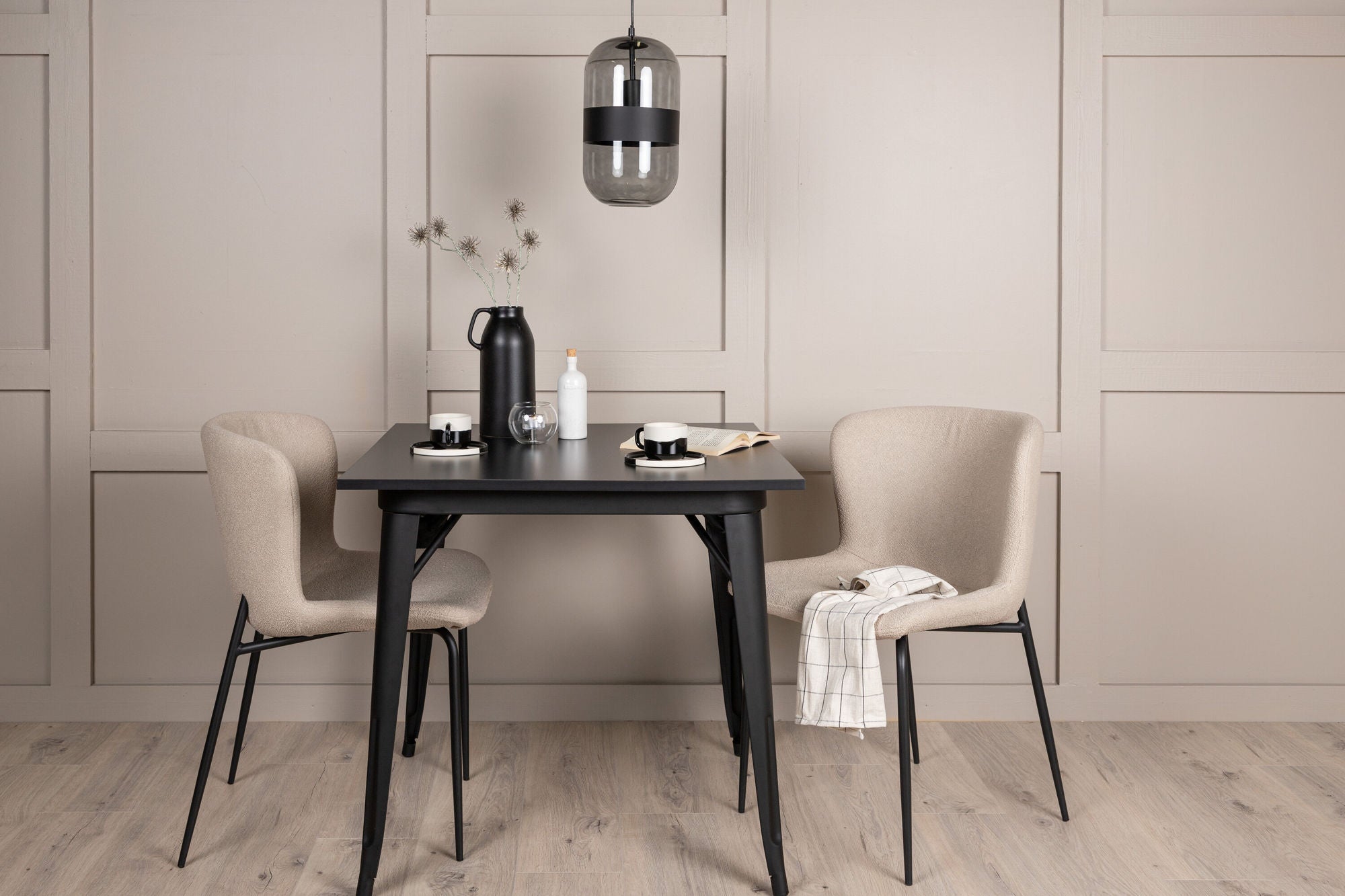 Venture Home Tempe spisebord - Black / Black MDF +Modesto Spisebordsstol - Beige / Beige Boucle _2