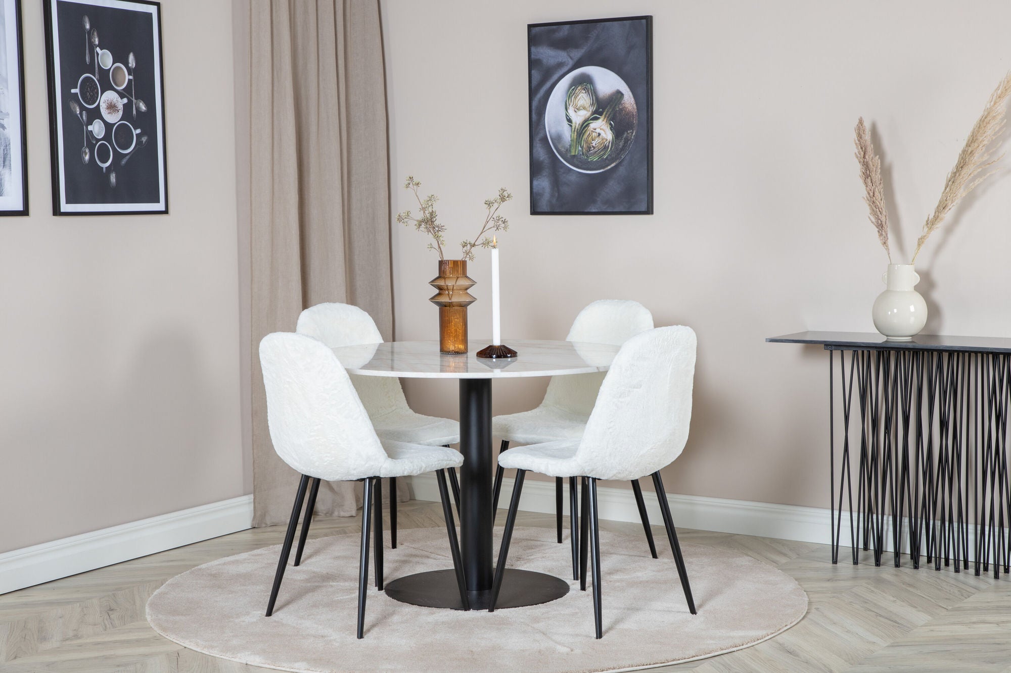 Venture Home Estelle rund spisebord ø106 H75 - White / Black+Polar Fluff Spisebordsstol - Black Legs - White Teddy _4