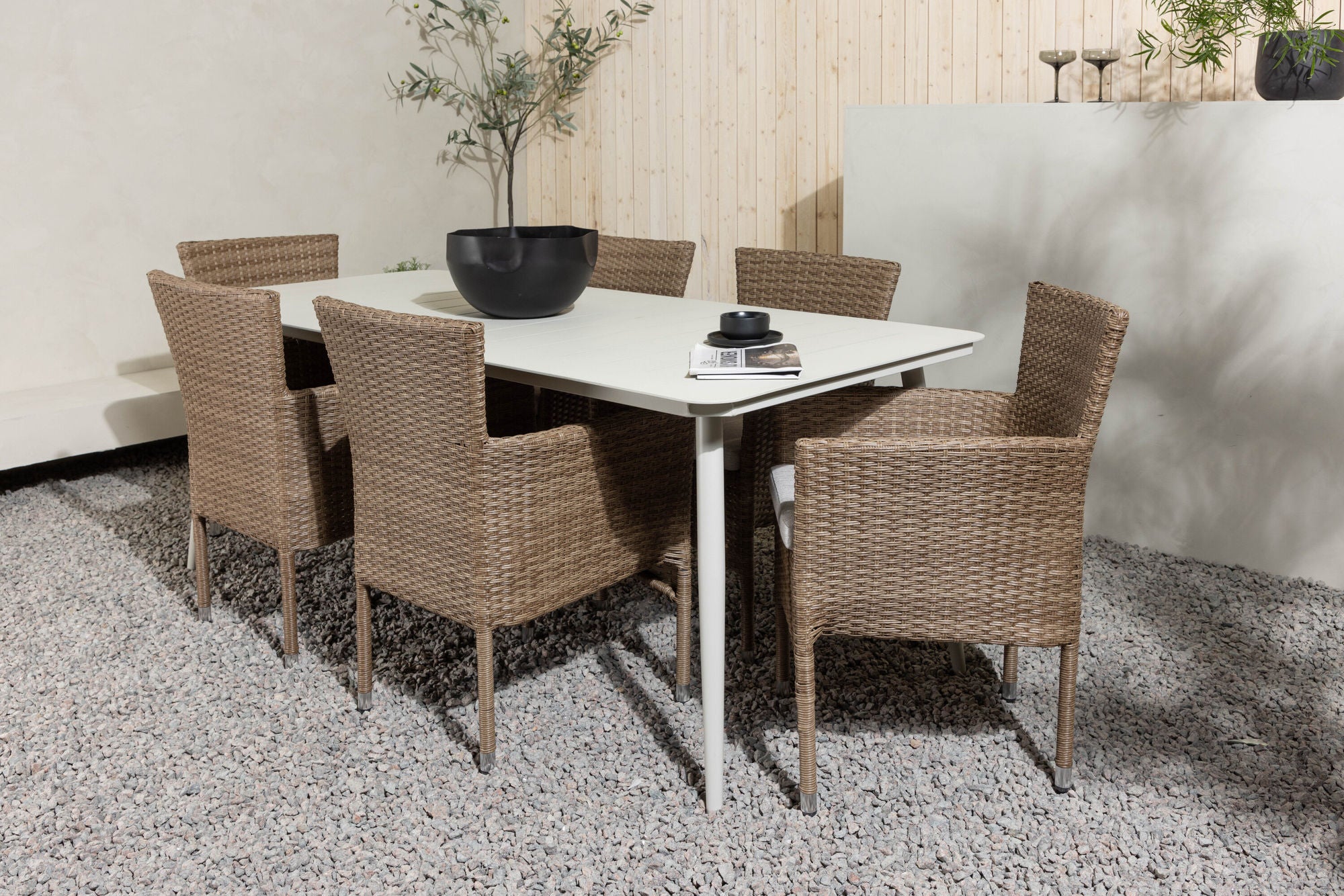 Venture Home Lina spisebord - Beige - 200*90 +Malina Diningchair Alumnium - Nature / Wicker _6