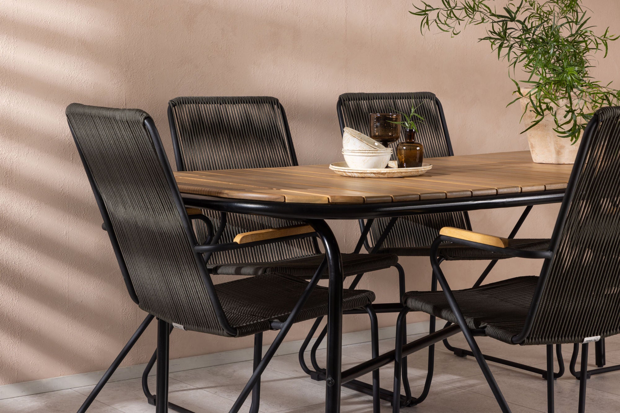 Venture Home Holmbeck Diningbord Steel - Black / Rectangular 90*200*75 +Bois Diningchair Steel - Black / Dark Grey Rope _6