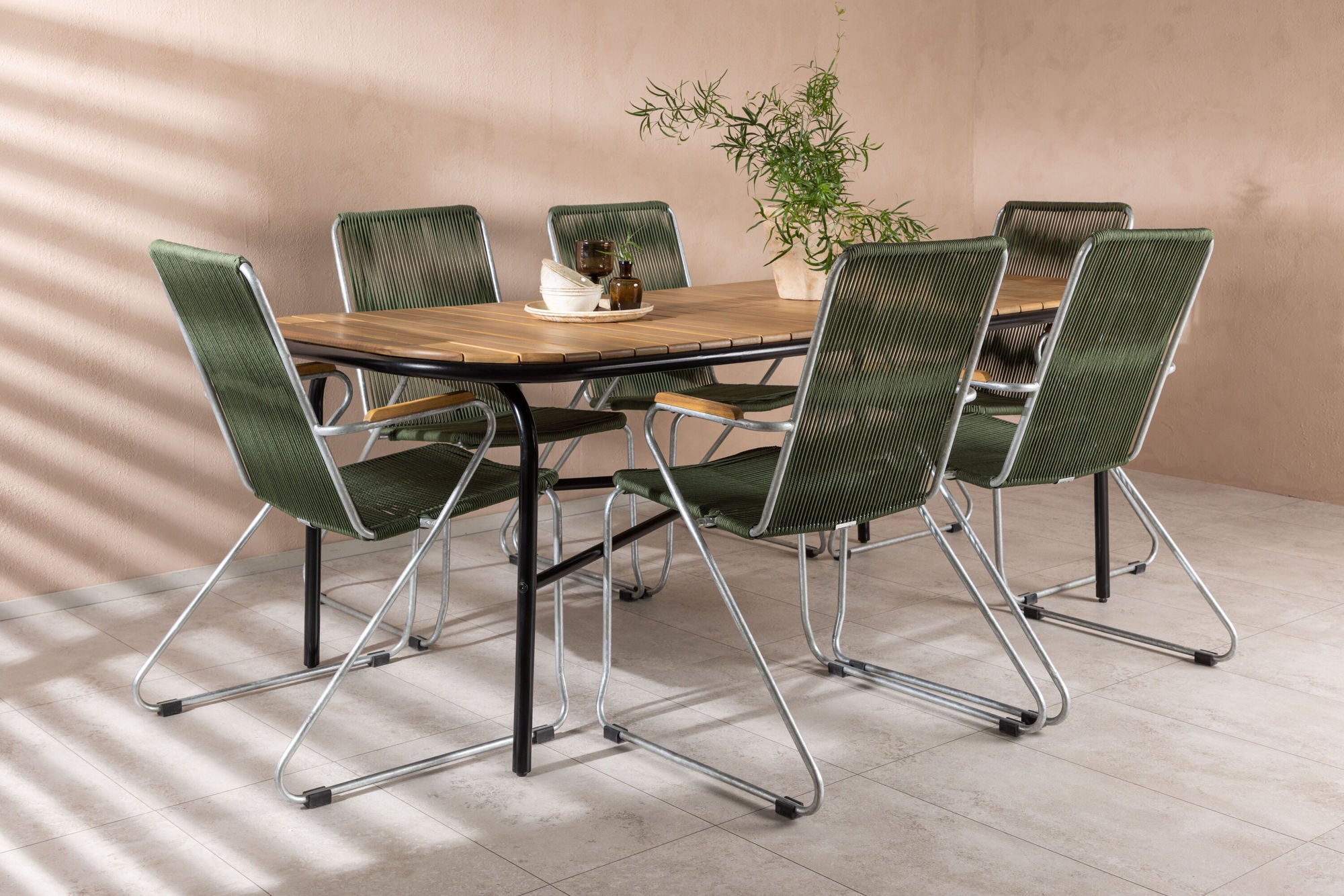 Venture Home Holmbeck Diningbord Steel - Black / Rectangular 90*200*75 +Bois Diningchair Steel - Silver / Green Rope _6