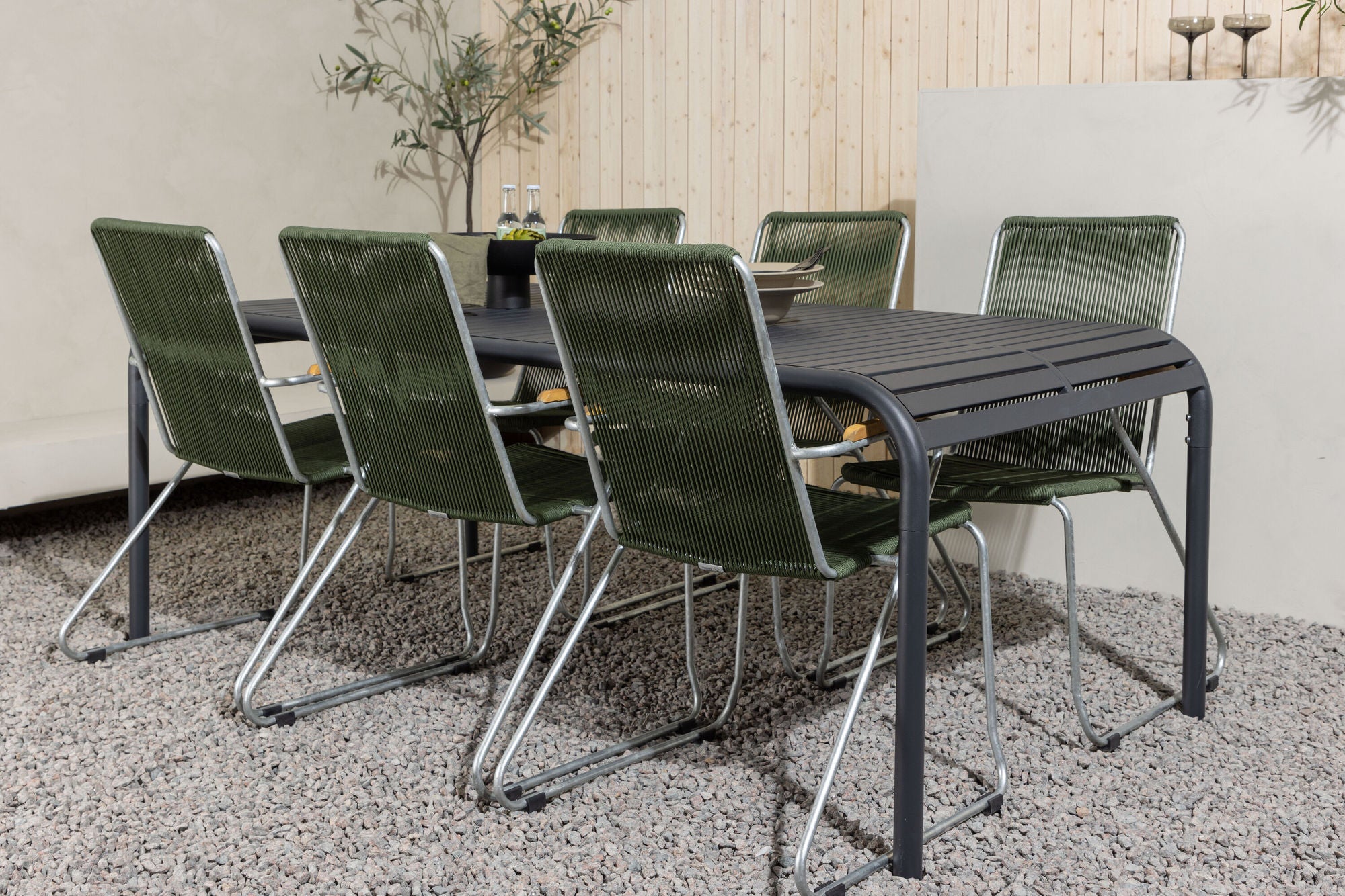 Venture Home Borneo Diningbord Aluminium - Black / Rectangular 100*200* +Bois Diningchair Steel - Silver / Green Rope _6