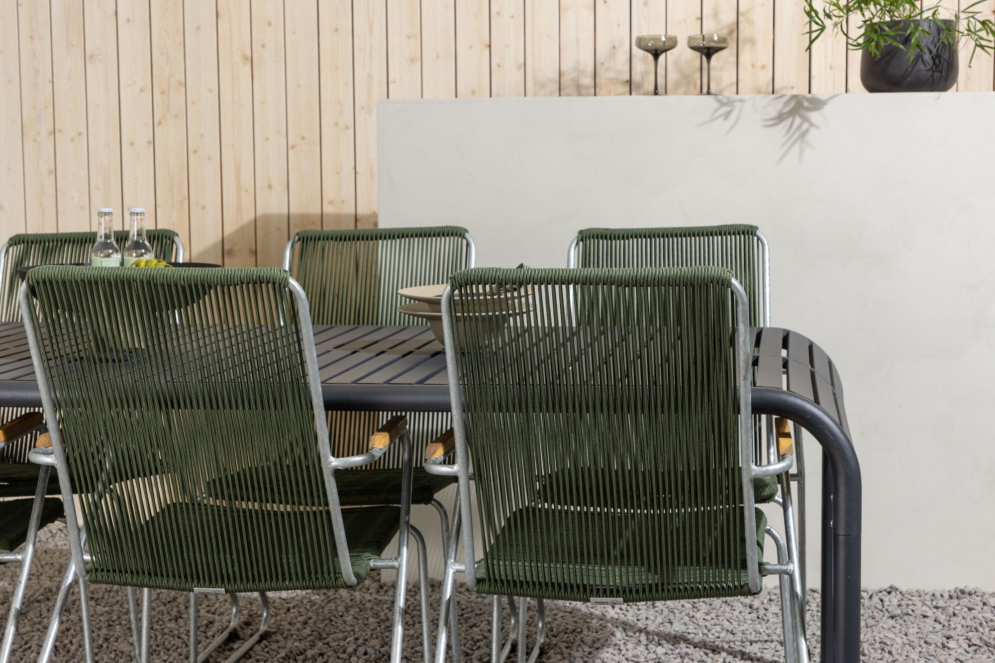 Venture Home Borneo Diningbord Aluminium - Black / Rectangular 100*200* +Bois Diningchair Steel - Silver / Green Rope _6