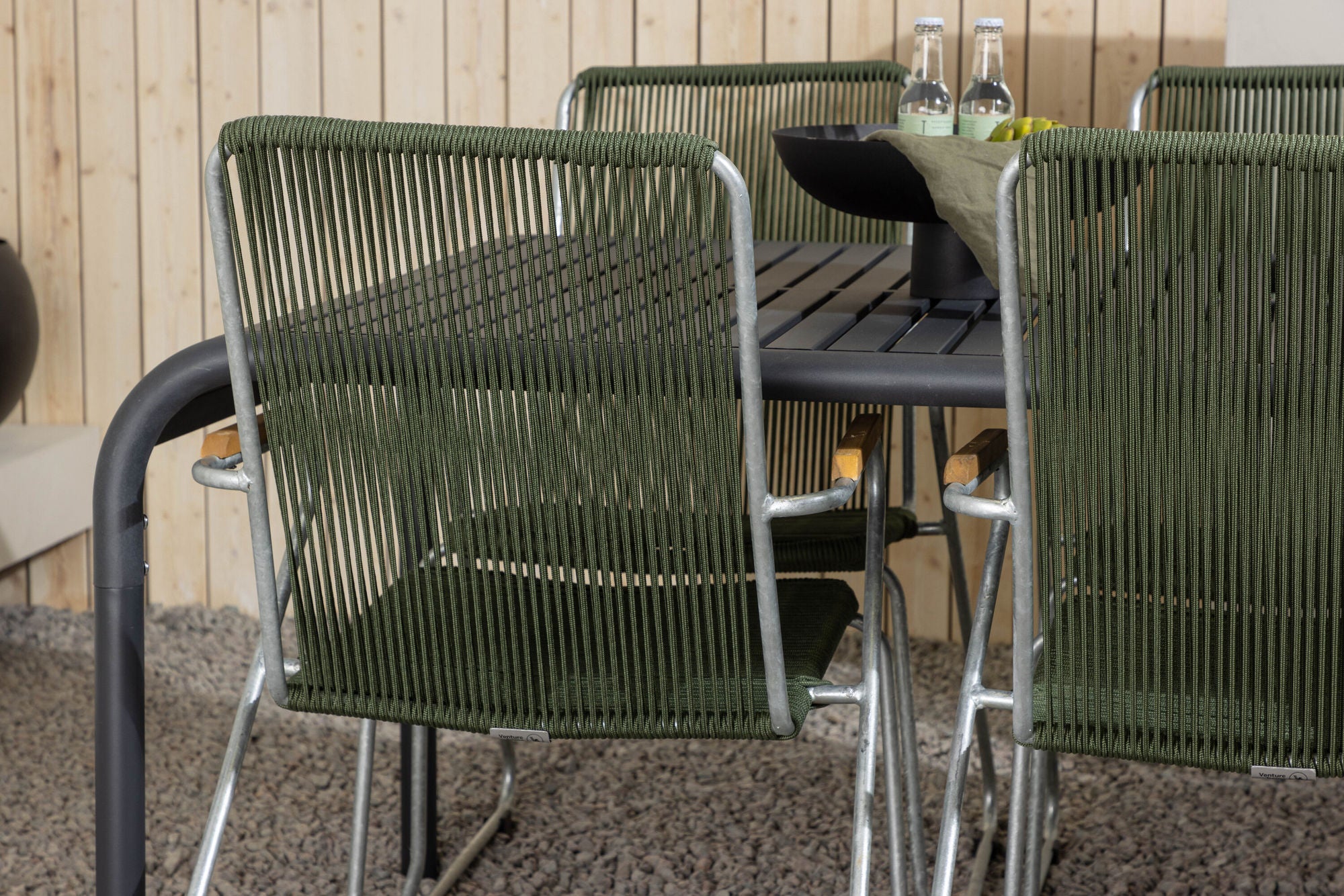 Venture Home Borneo Diningbord Aluminium - Black / Rectangular 100*200* +Bois Diningchair Steel - Silver / Green Rope _6