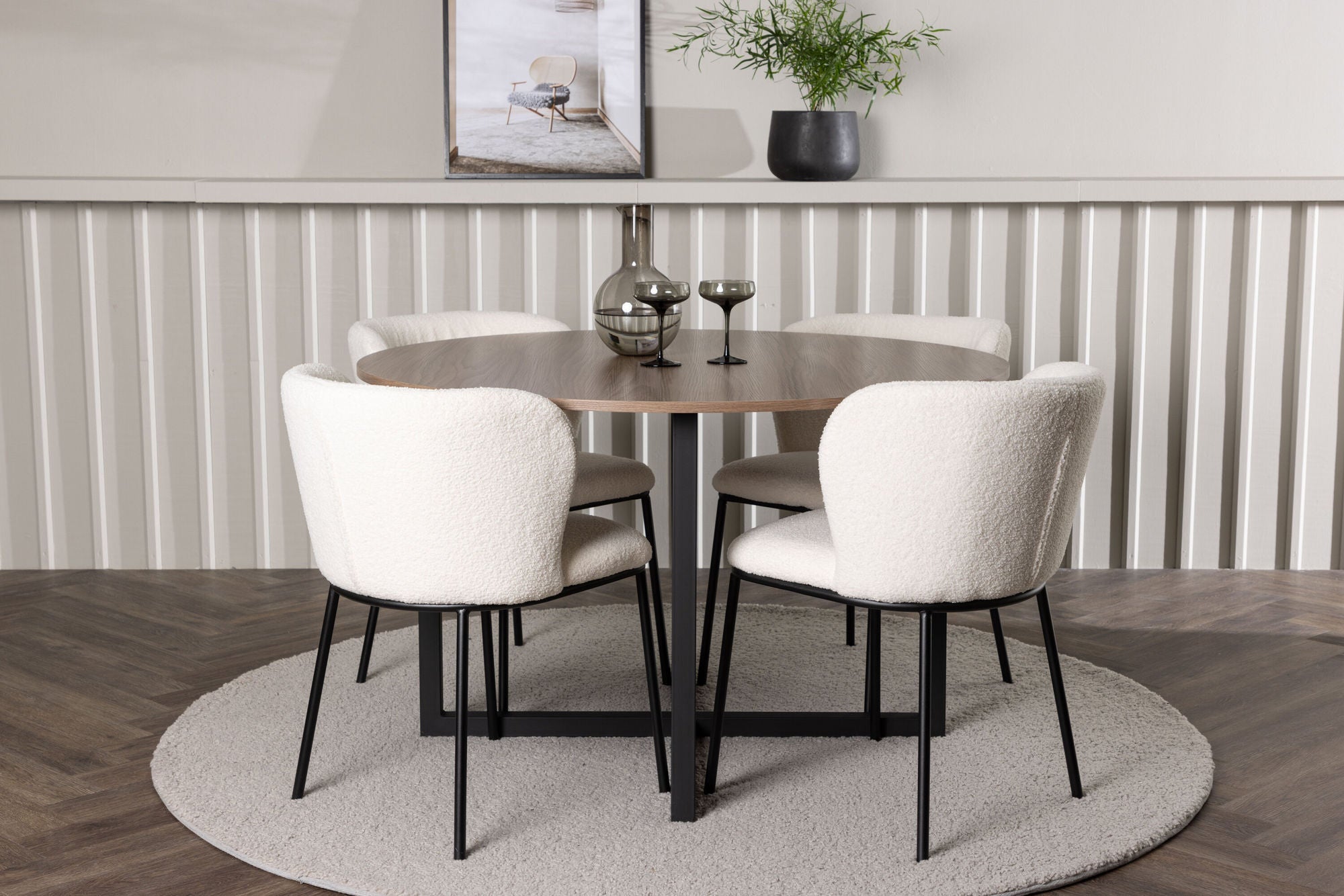 Venture Home Durango spisebord - Black / Walnut MDF +Edina Spisebordsstol - Black / White Boucle _4