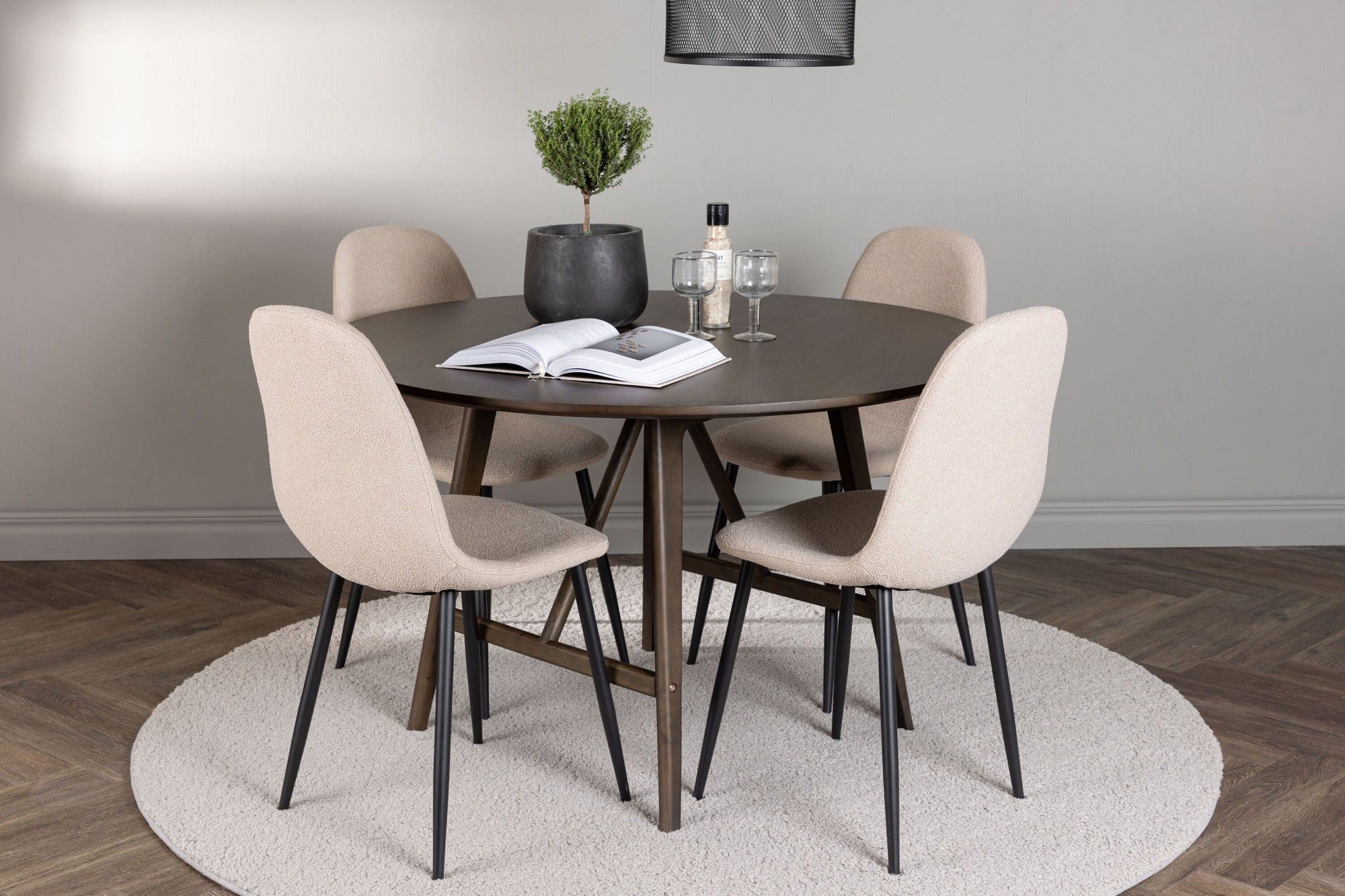 Venture Home Kaseidon spisebord - rund - Rubberwood / Dark Brown MDF +Polar Spisebordsstol - Black / Beige Boucle _4