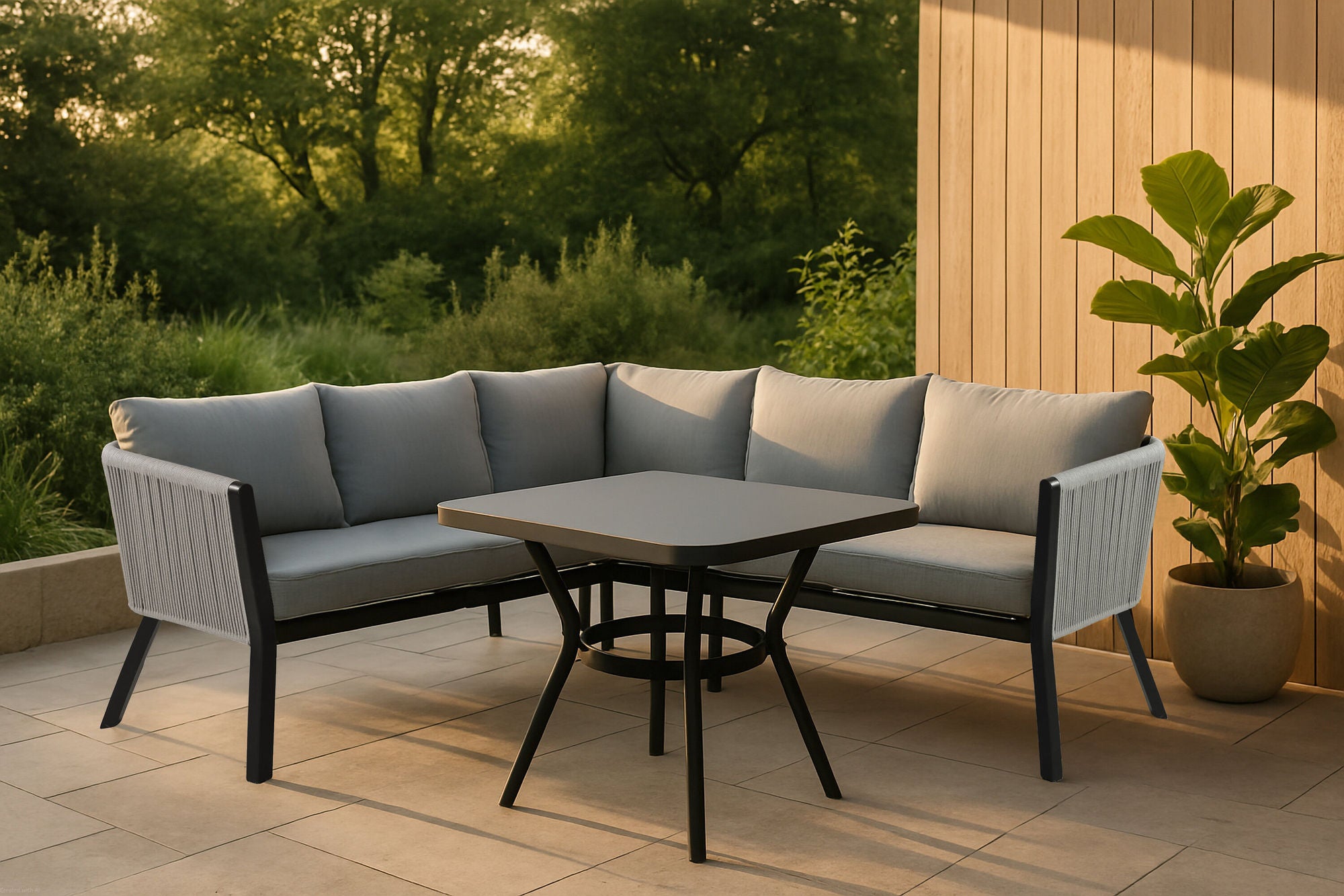 Venture Home Virya hjørne sofa set (3+2+1) BLACK alu / Grey rope / grey cushion