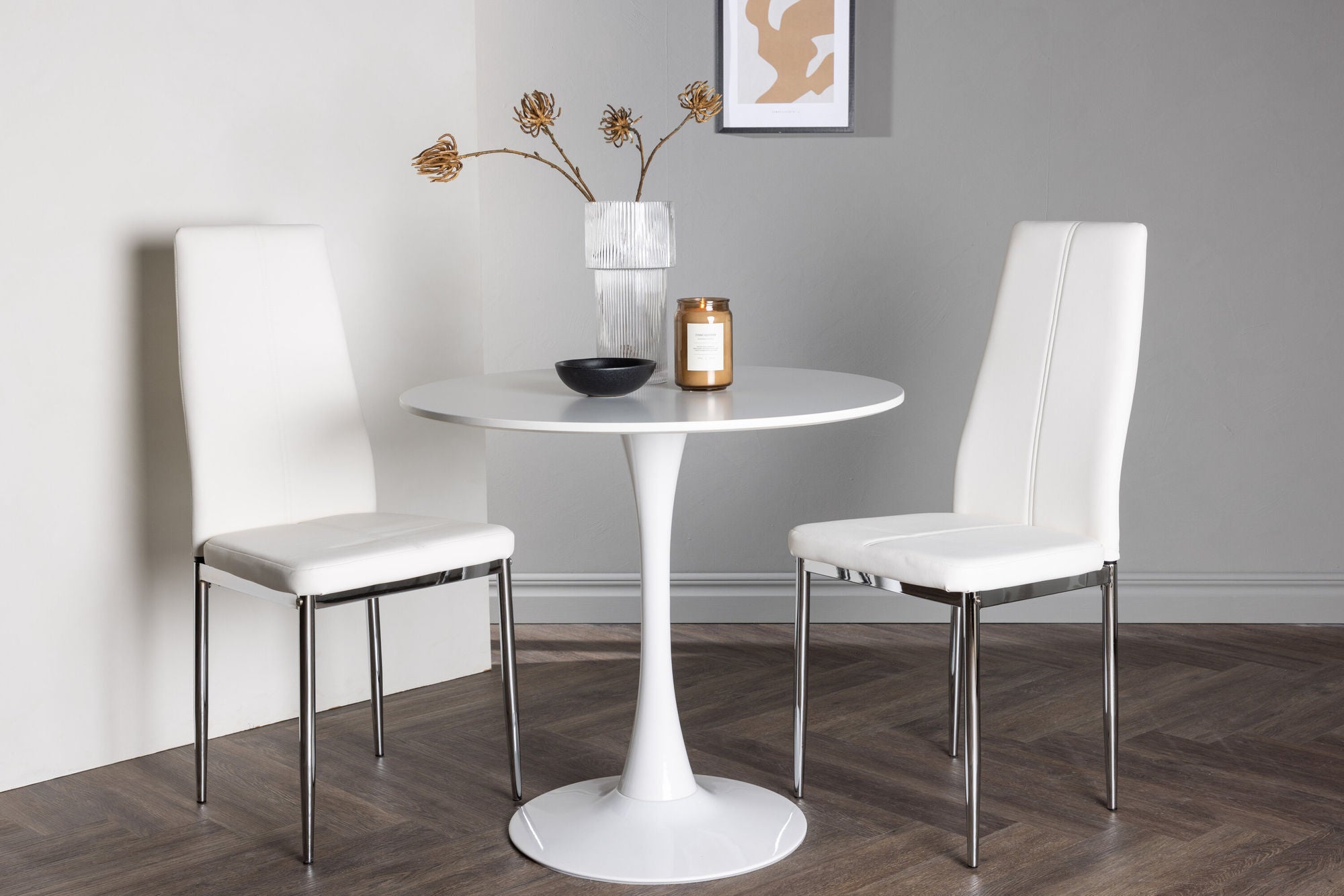 Venture Home Hamden spisebord - White MDF +Pastill Spisebordsstol - Silver / White PU _2