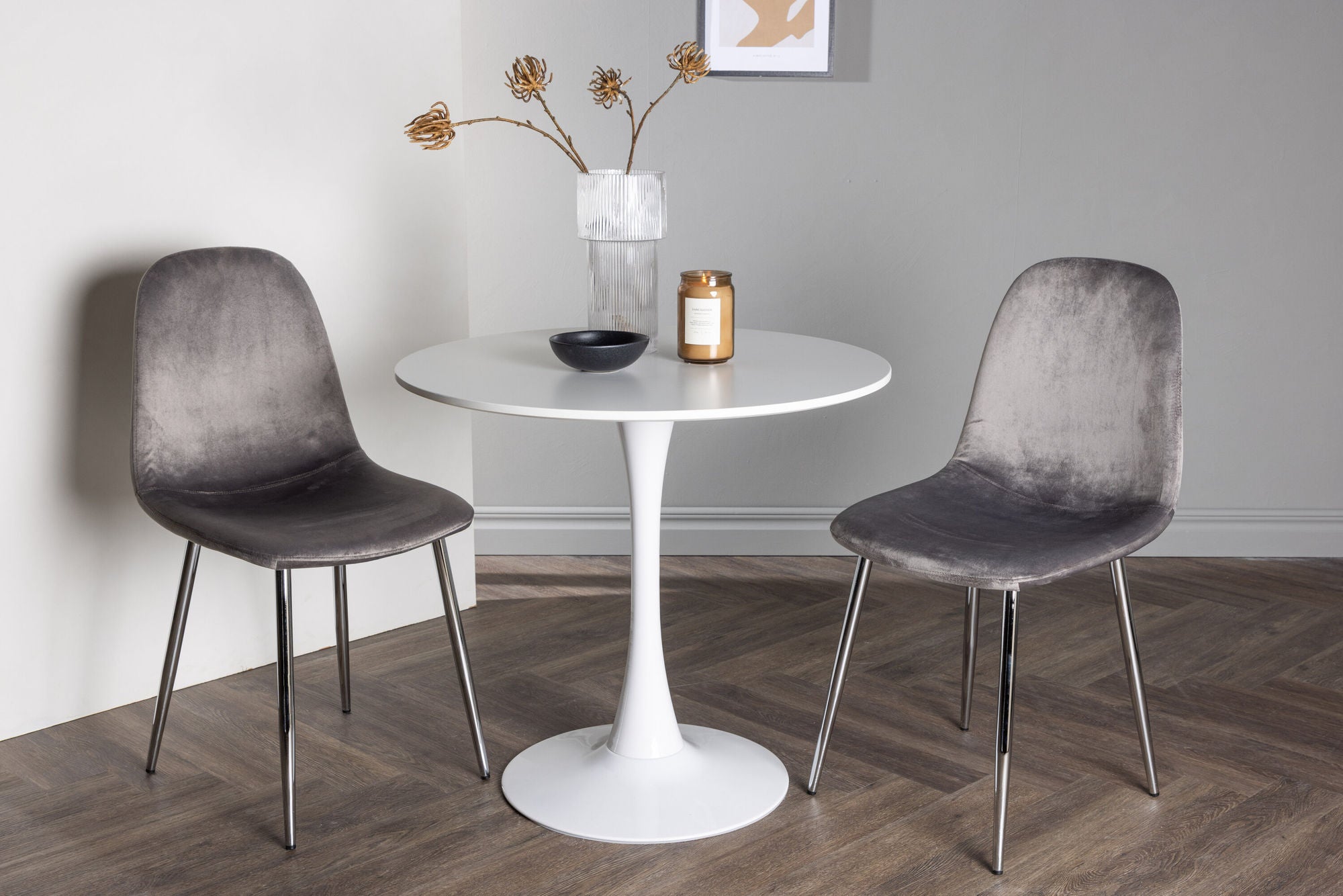 Venture Home Hamden spisebord - White MDF +Eva Spisebordsstol - Light grey / Light grey Velvet _2