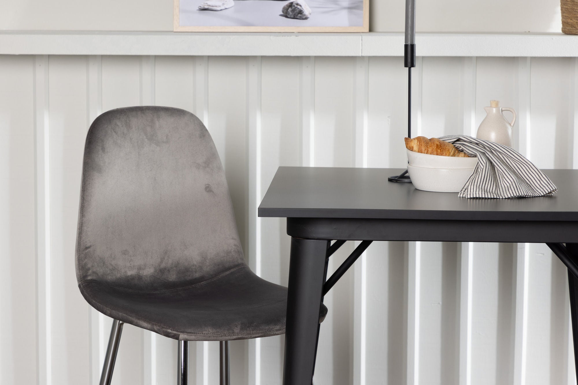 Venture Home Tempe spisebord - Black / Black MDF +Eva Spisebordsstol - Light grey / Light grey Velvet _2