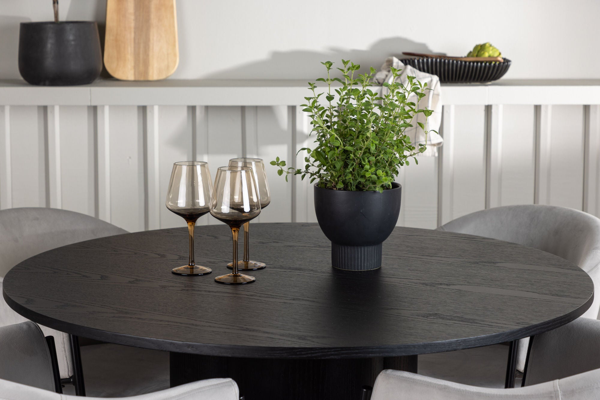 Venture Home Olivia spisebord - Black / Black Veneer +Evelina Spisebordsstol - Black / Light grey Velvet _4