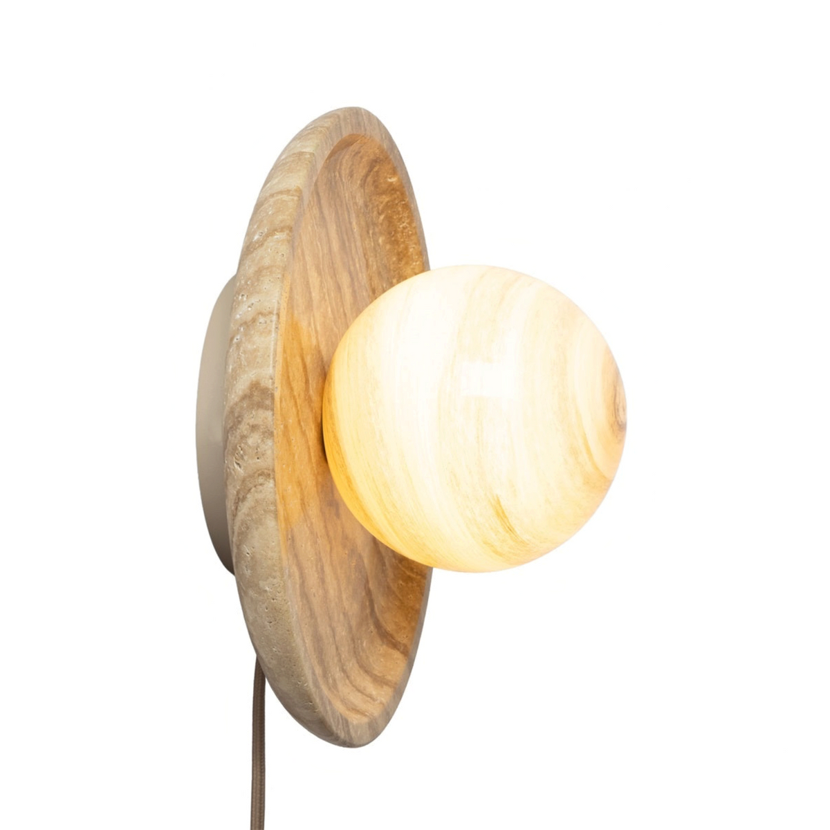 My Store 5 Tivoli sand travertine and glass disc wall lamp with a spherical light fixture