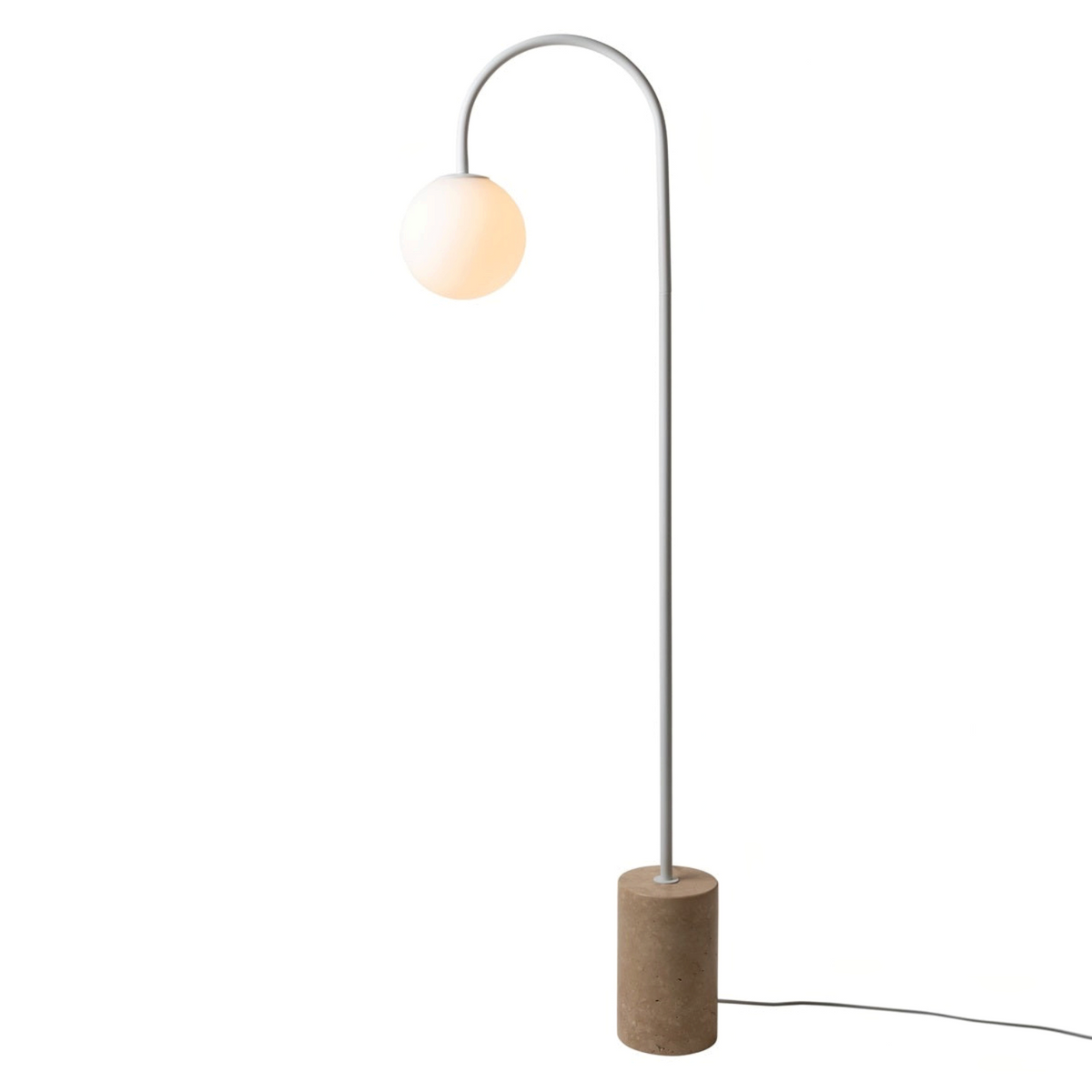 My Store 5 Tivoli white floor lamp with a spherical glass shade and a cylindrical travertine base