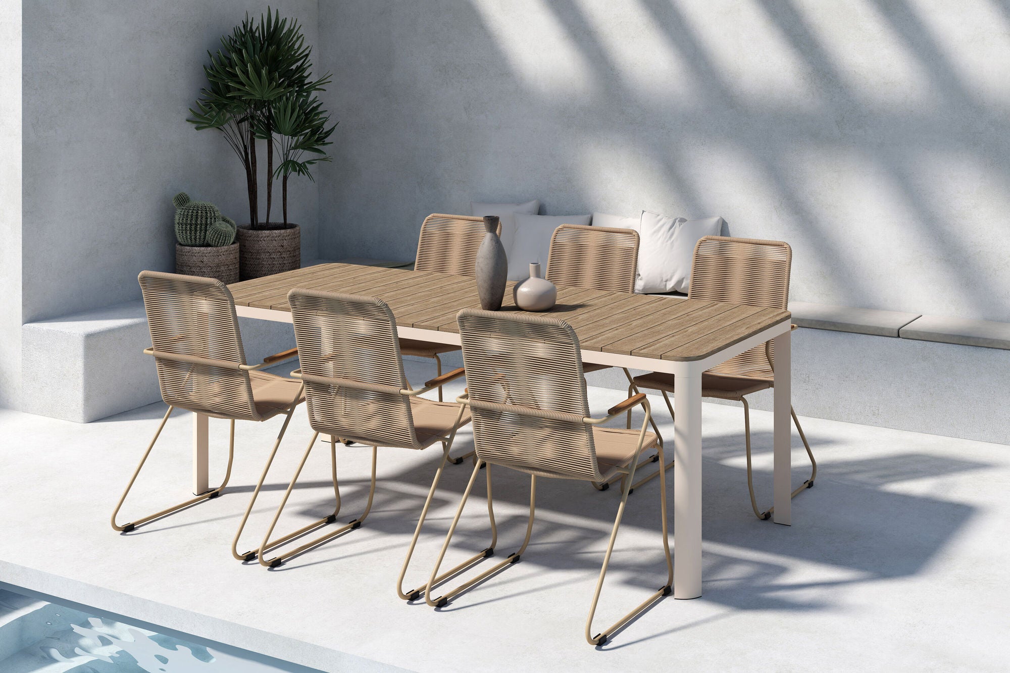 Venture Home Etna spisebord - Beige / Woodlook + Bois Diningchair - Beige x 6