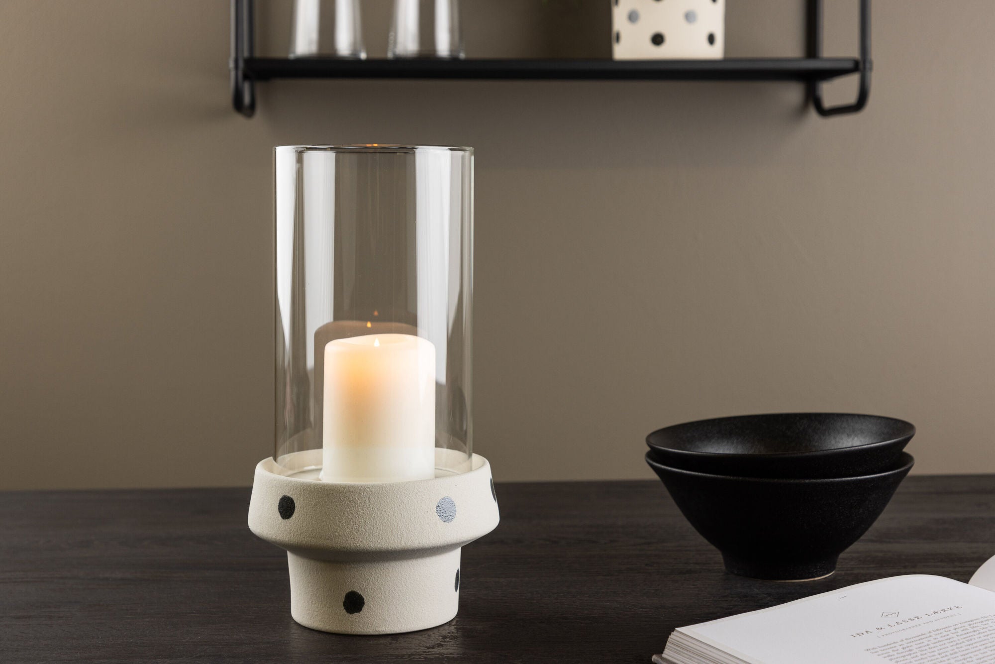 Venture Home Davida Lantern -  White/Black Dots/Clear Glass - 15*H29cm