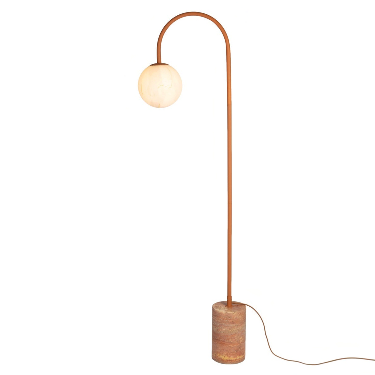 My Store 5 Tivoli floor lamp in terra with a travertine base and a spherical glass shade on a curved metal stand.