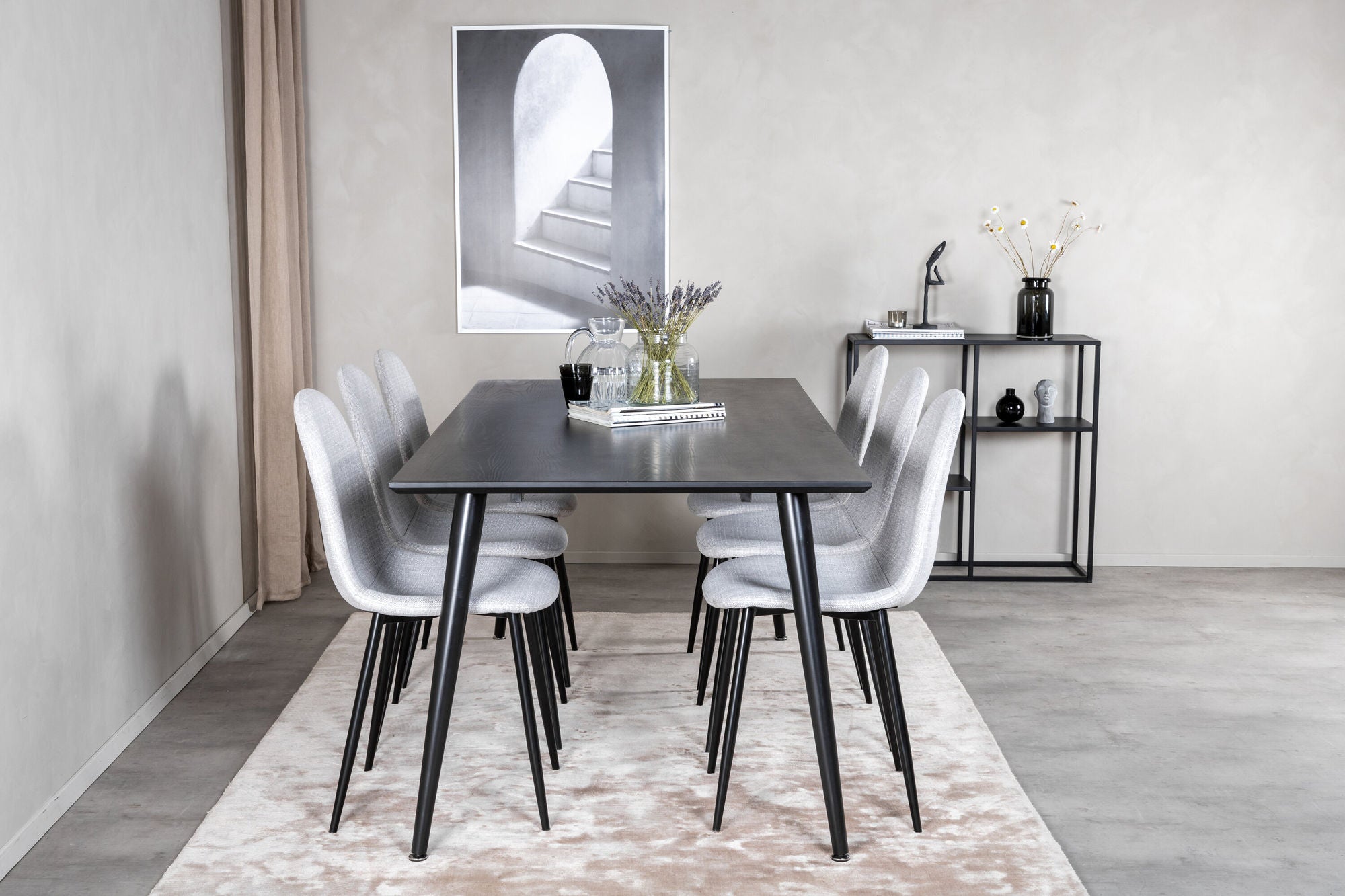 Venture Home Dipp spisebord - 180*90cm - Black Veneer / all black legs - Polar Spisebordsstol - Black Legs - Light Grey Fabric 6