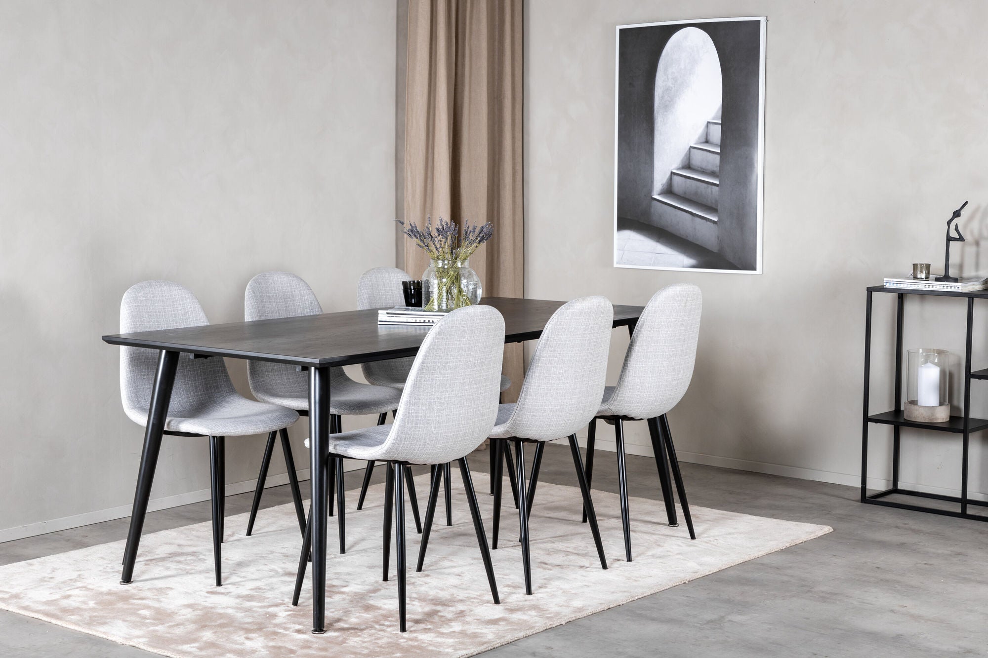 Venture Home Dipp spisebord - 180*90cm - Black Veneer / all black legs - Polar Spisebordsstol - Black Legs - Light Grey Fabric 6