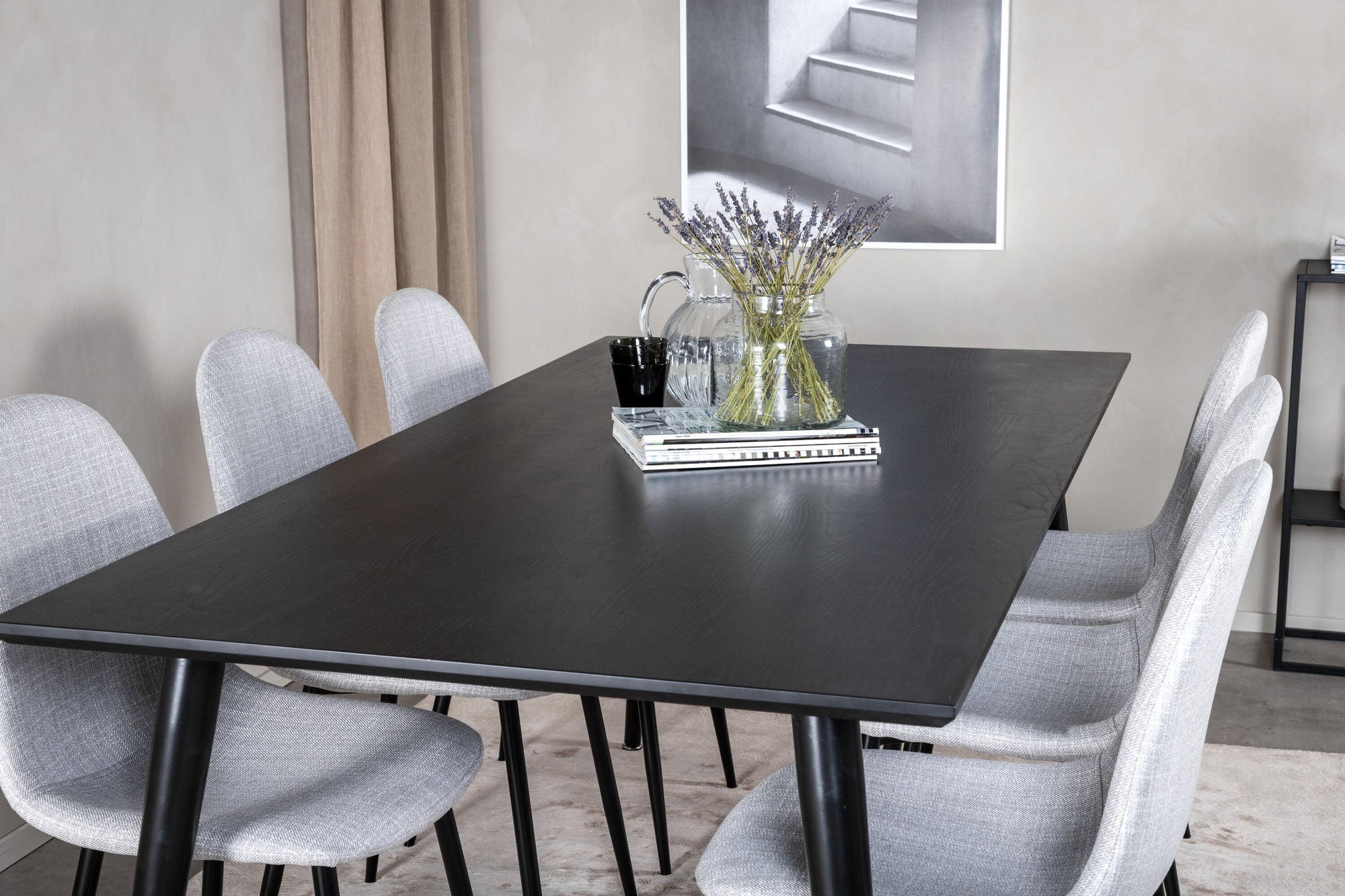 Venture Home Dipp spisebord - 180*90cm - Black Veneer / all black legs - Polar Spisebordsstol - Black Legs - Light Grey Fabric 6