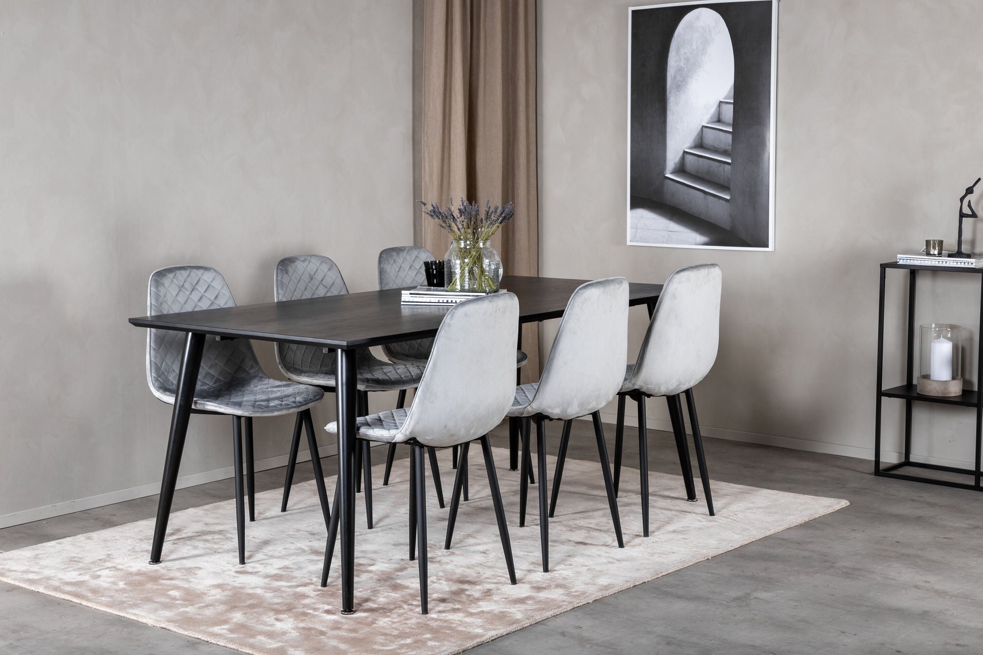 Venture Home Dipp spisebord - 180*90cm - Black Veneer / all black legs - Polar Diamond Spisebordsstol - Black Legs - Grey Velvet 6
