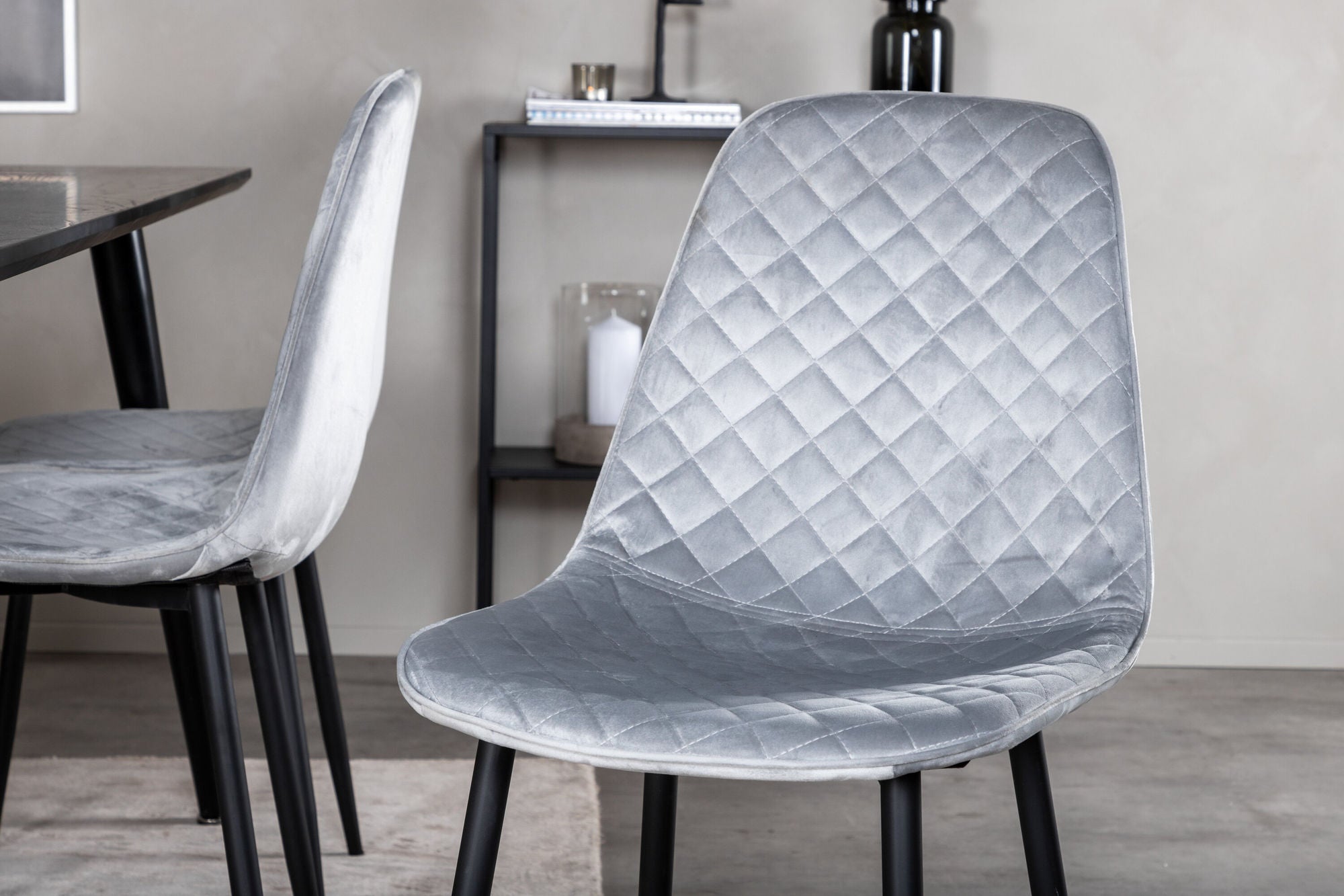Venture Home Dipp spisebord - 180*90cm - Black Veneer / all black legs - Polar Diamond Spisebordsstol - Black Legs - Grey Velvet 6