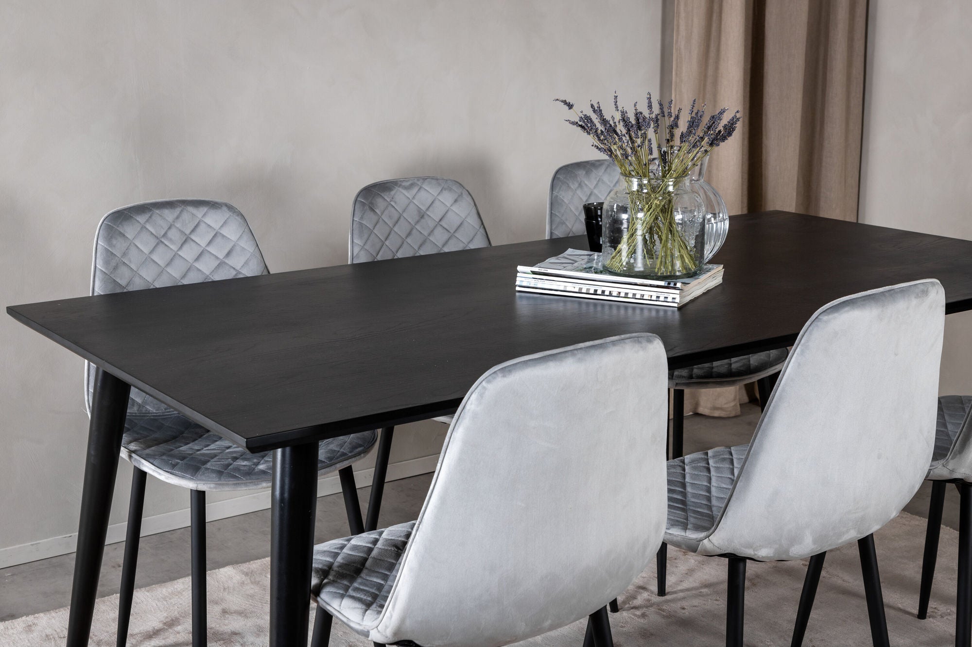 Venture Home Dipp spisebord - 180*90cm - Black Veneer / all black legs - Polar Diamond Spisebordsstol - Black Legs - Grey Velvet 6