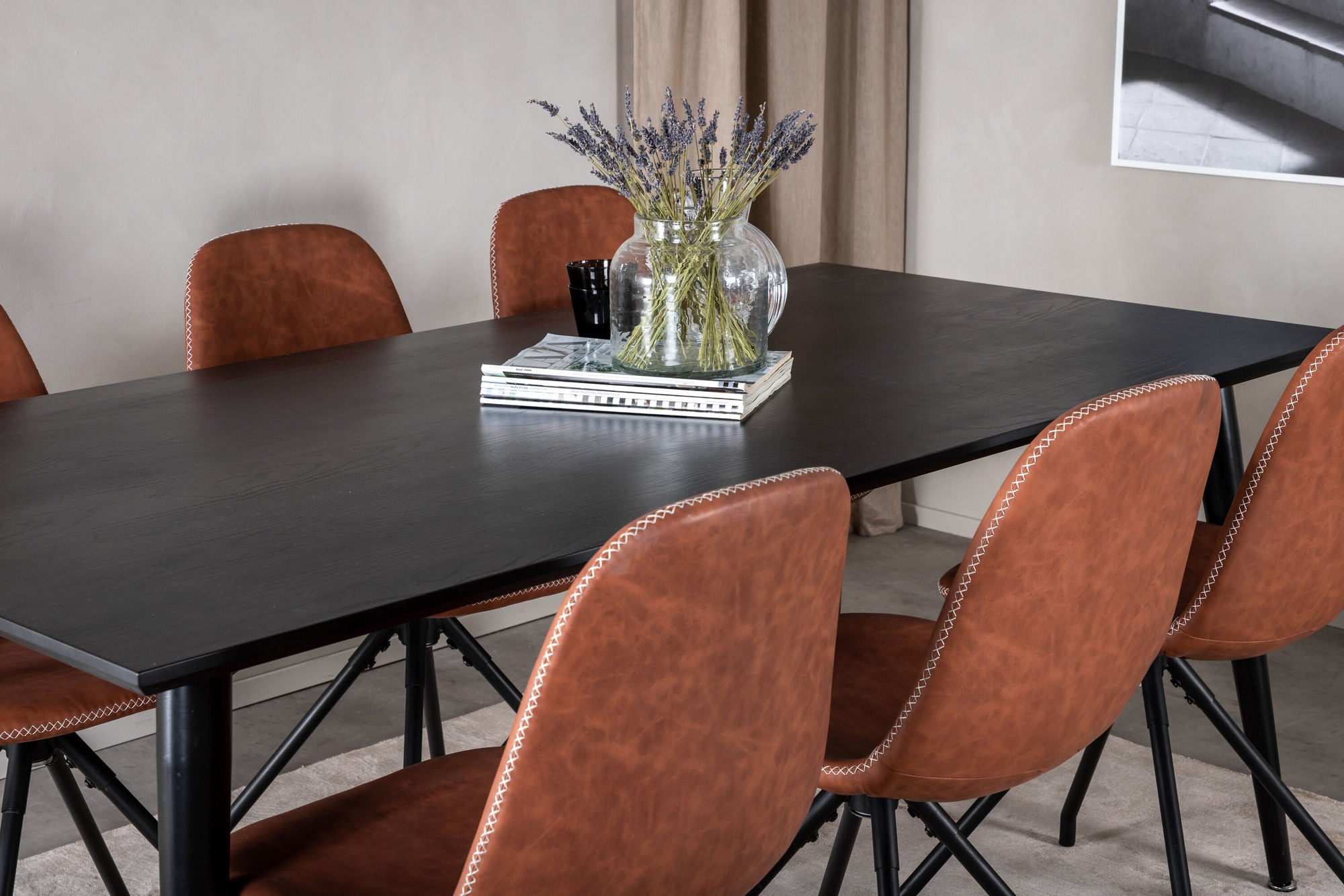 Venture Home Dipp spisebord - 180*90cm - Black Veneer / all black legs - Polar Spisebordsstol with Spin function - black Legs - Brown PU - White Stitches 6