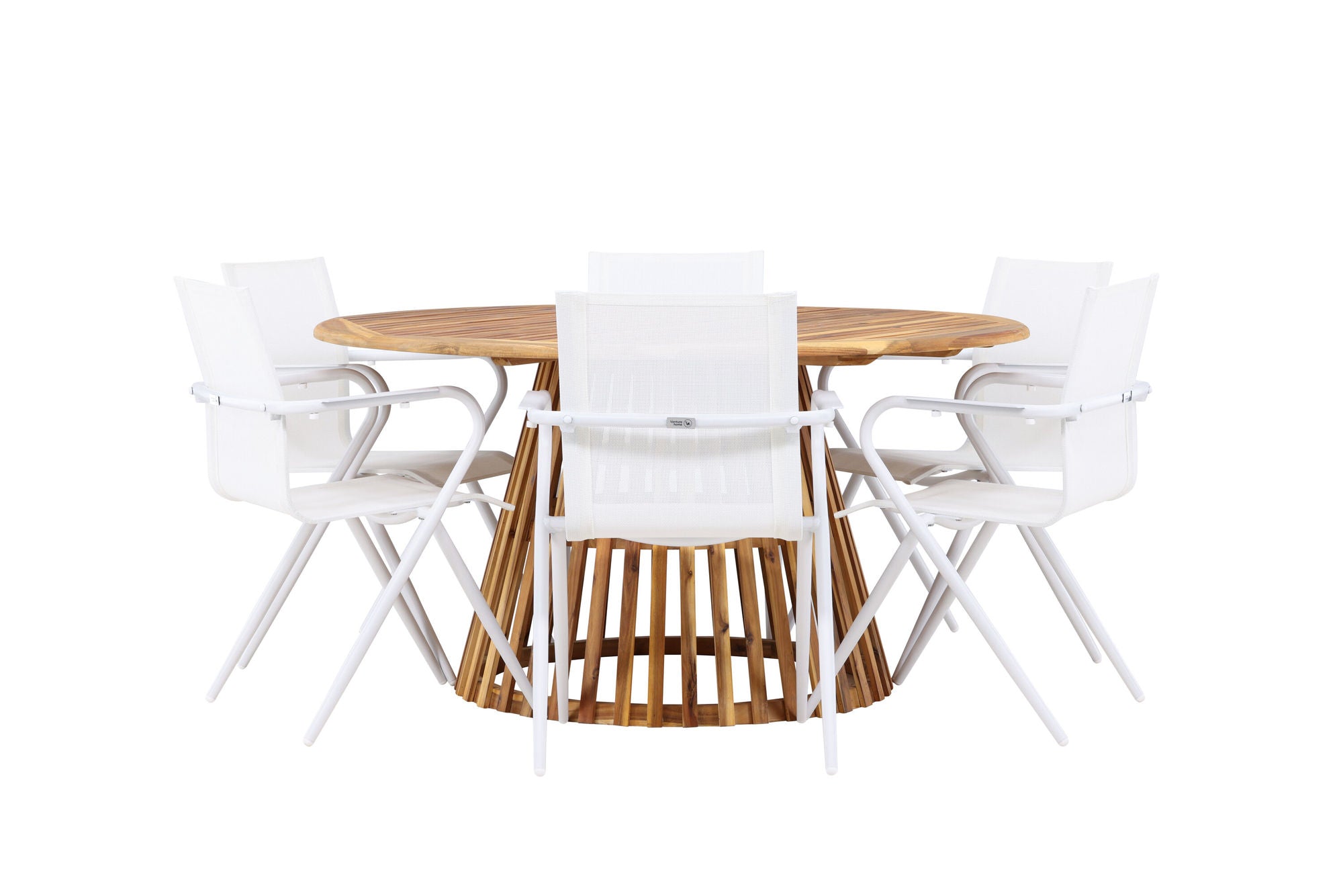 Venture Home Tucumán spisebord - Acacia ø120 +Alina Spisebordsstol - white Alu / White Textilene _6