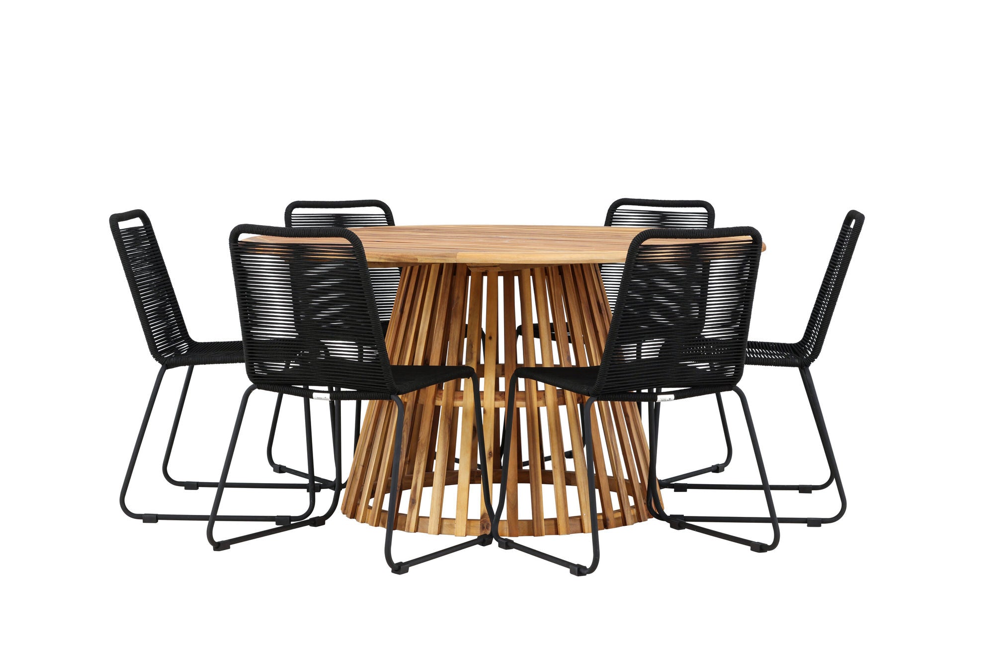 Venture Home Tucumán spisebord - Acacia ø120 +Lindos Stacking stol - Black Alu / Black Rope _6