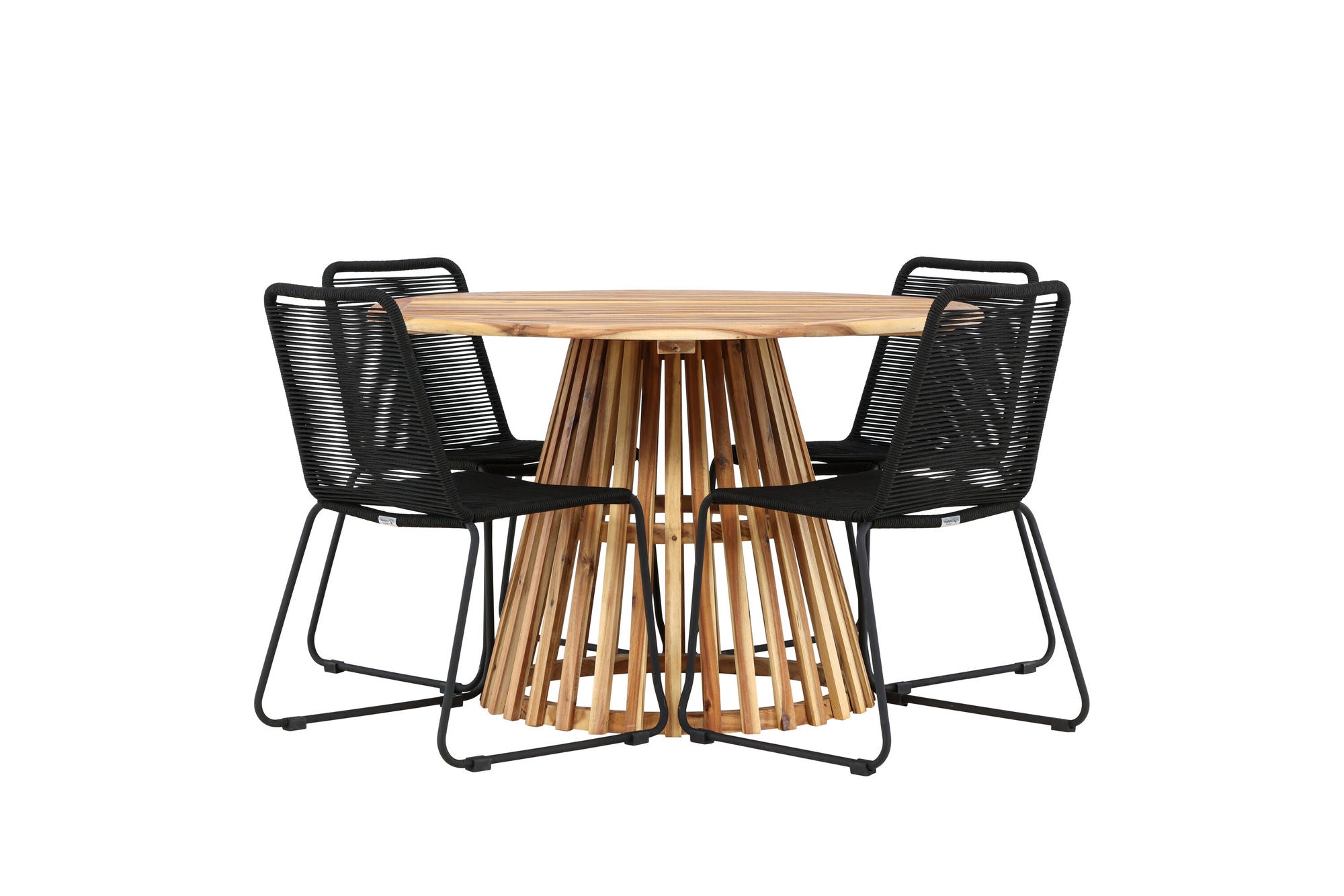 Venture Home Lumpur Diningbord Acacia - Teaklook / rund ø110**75 +Lindos Stacking stol - Black Alu / Black Rope _4