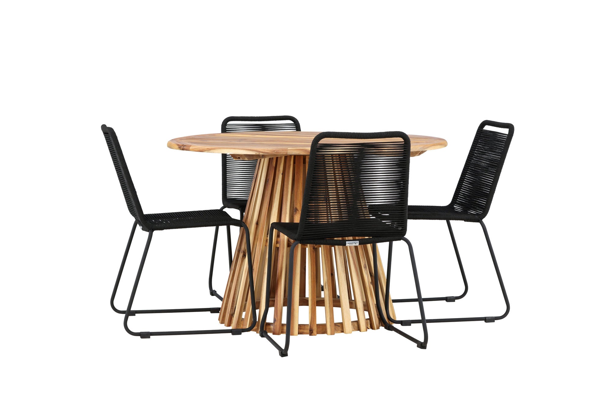 Venture Home Lumpur Diningbord Acacia - Teaklook / rund ø110**75 +Lindos Stacking stol - Black Alu / Black Rope _4