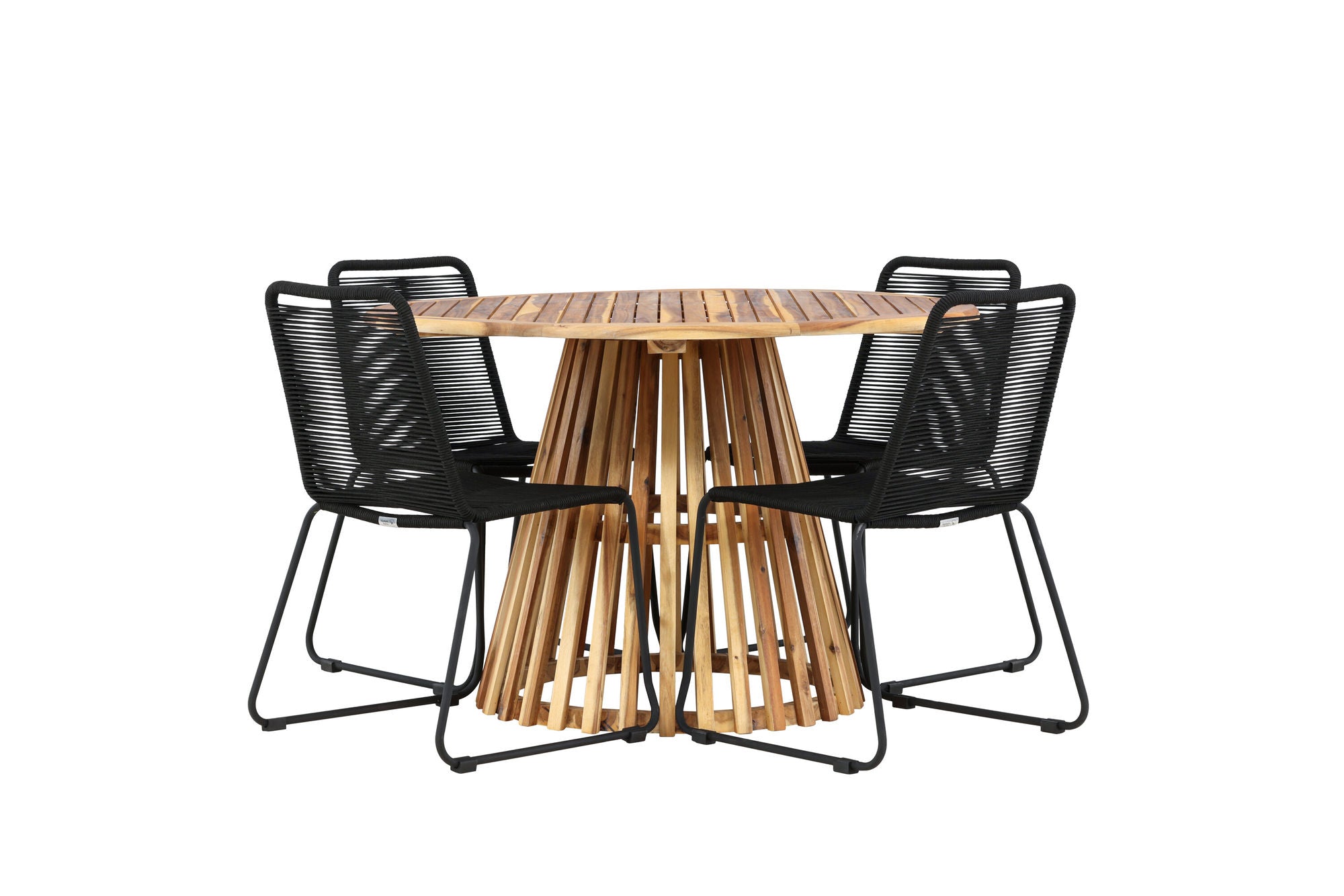 Venture Home Lumpur Diningbord Acacia - Teaklook / rund ø110**75 +Lindos Stacking stol - Black Alu / Black Rope _4