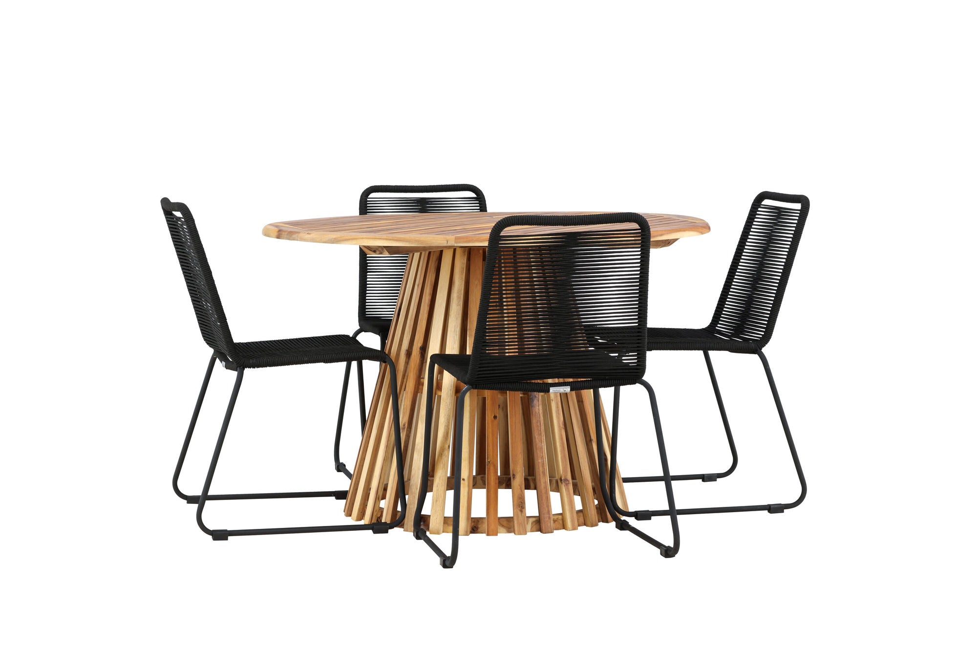 Venture Home Lumpur Diningbord Acacia - Teaklook / rund ø110**75 +Lindos Stacking stol - Black Alu / Black Rope _4