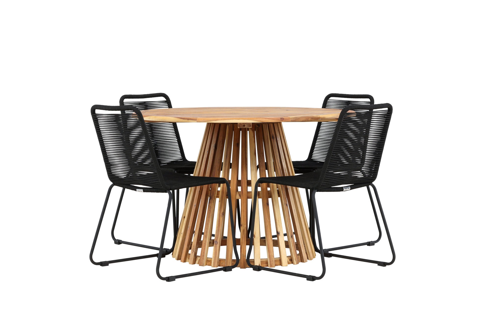 Venture Home Lumpur Diningbord Acacia - Teaklook / rund ø110**75 +Lindos Stacking stol - Black Alu / Black Rope _4