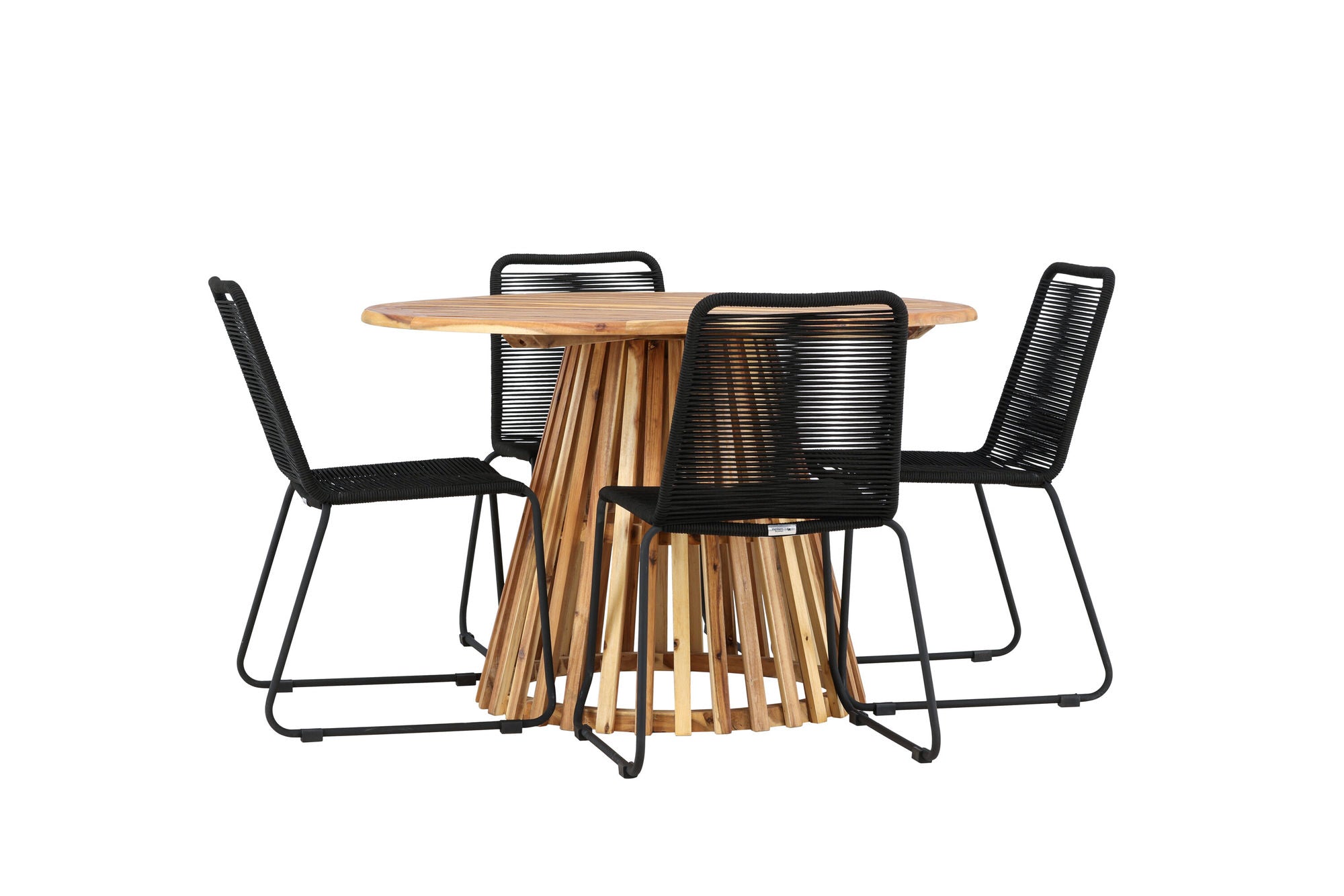 Venture Home Lumpur Diningbord Acacia - Teaklook / rund ø110**75 +Lindos Stacking stol - Black Alu / Black Rope _4