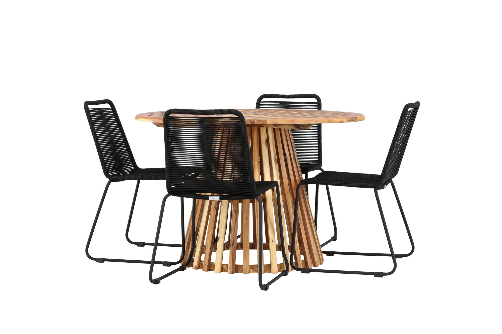Venture Home Lumpur Diningbord Acacia - Teaklook / rund ø110**75 +Lindos Stacking stol - Black Alu / Black Rope _4