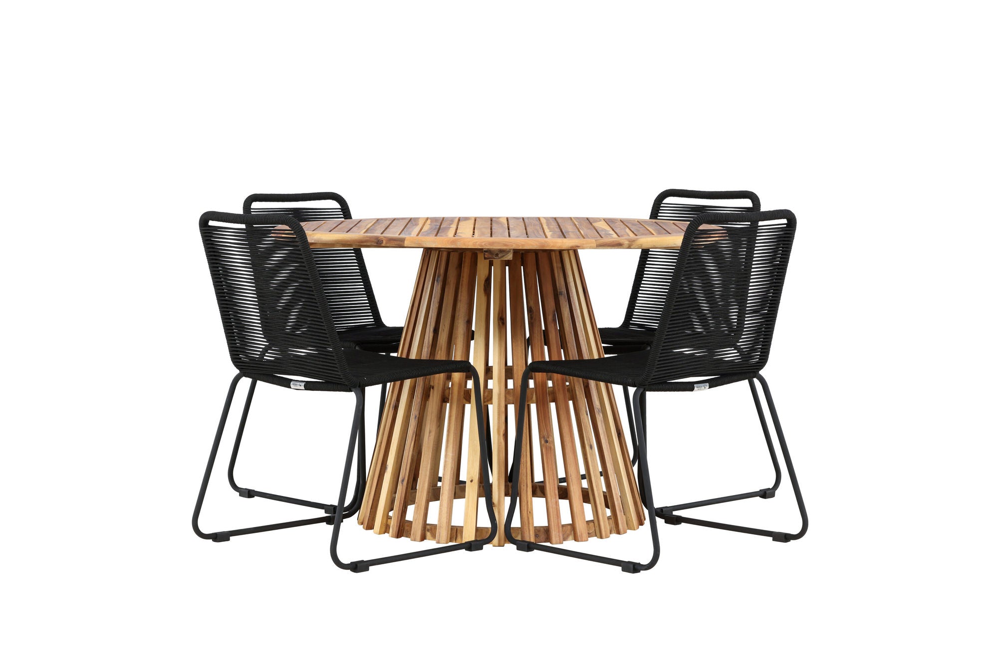 Venture Home Lumpur Diningbord Acacia - Teaklook / rund ø110**75 +Lindos Stacking stol - Black Alu / Black Rope _4