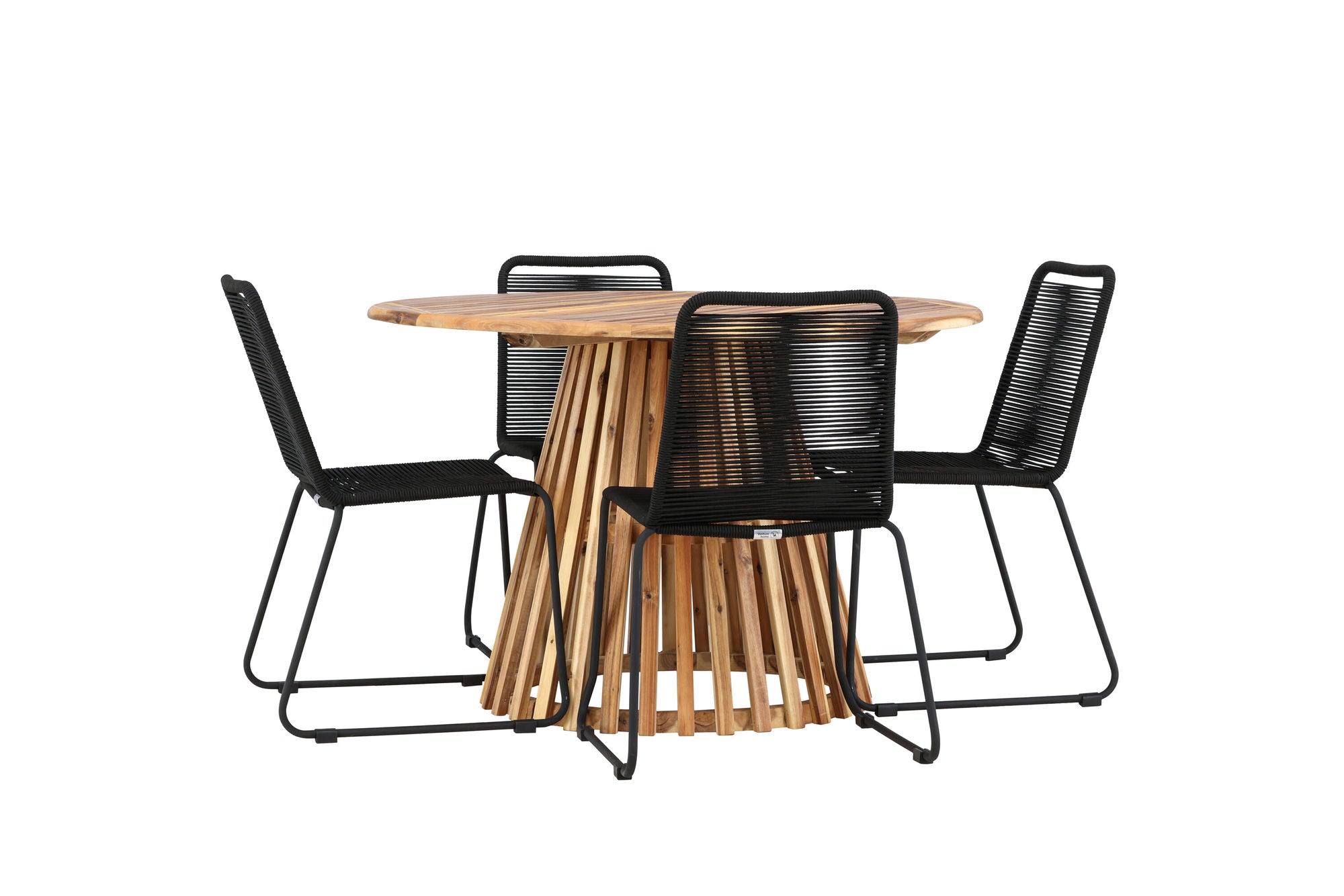 Venture Home Lumpur Diningbord Acacia - Teaklook / rund ø110**75 +Lindos Stacking stol - Black Alu / Black Rope _4