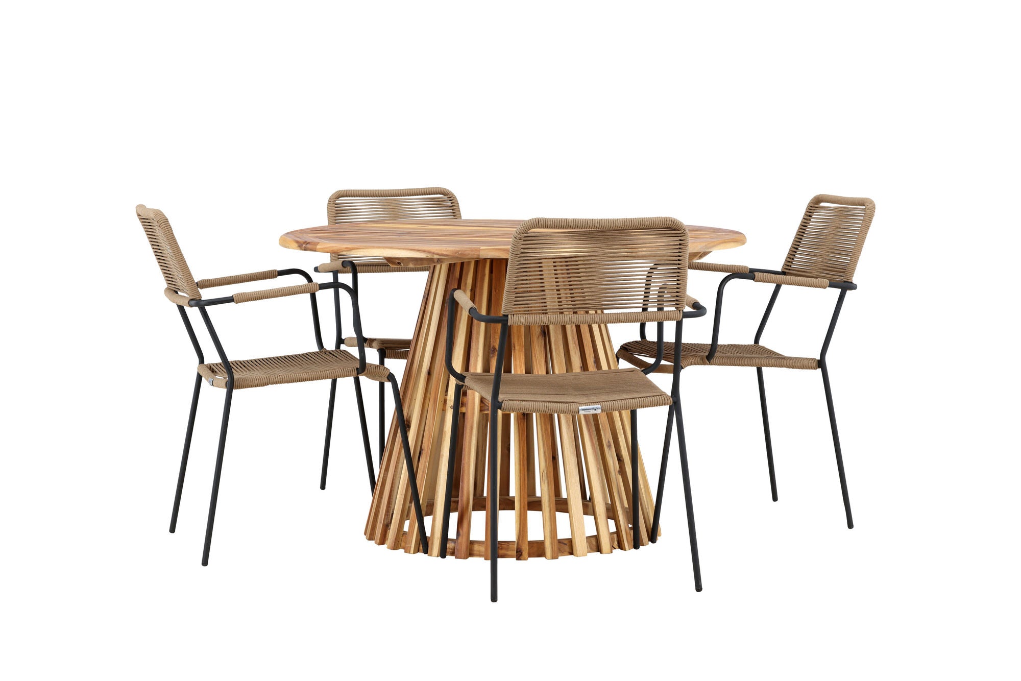 Venture Home Lumpur Diningbord Acacia - Teaklook / rund ø110**75 +Lindos - Armchair - Black Alu / Latte Rope _4