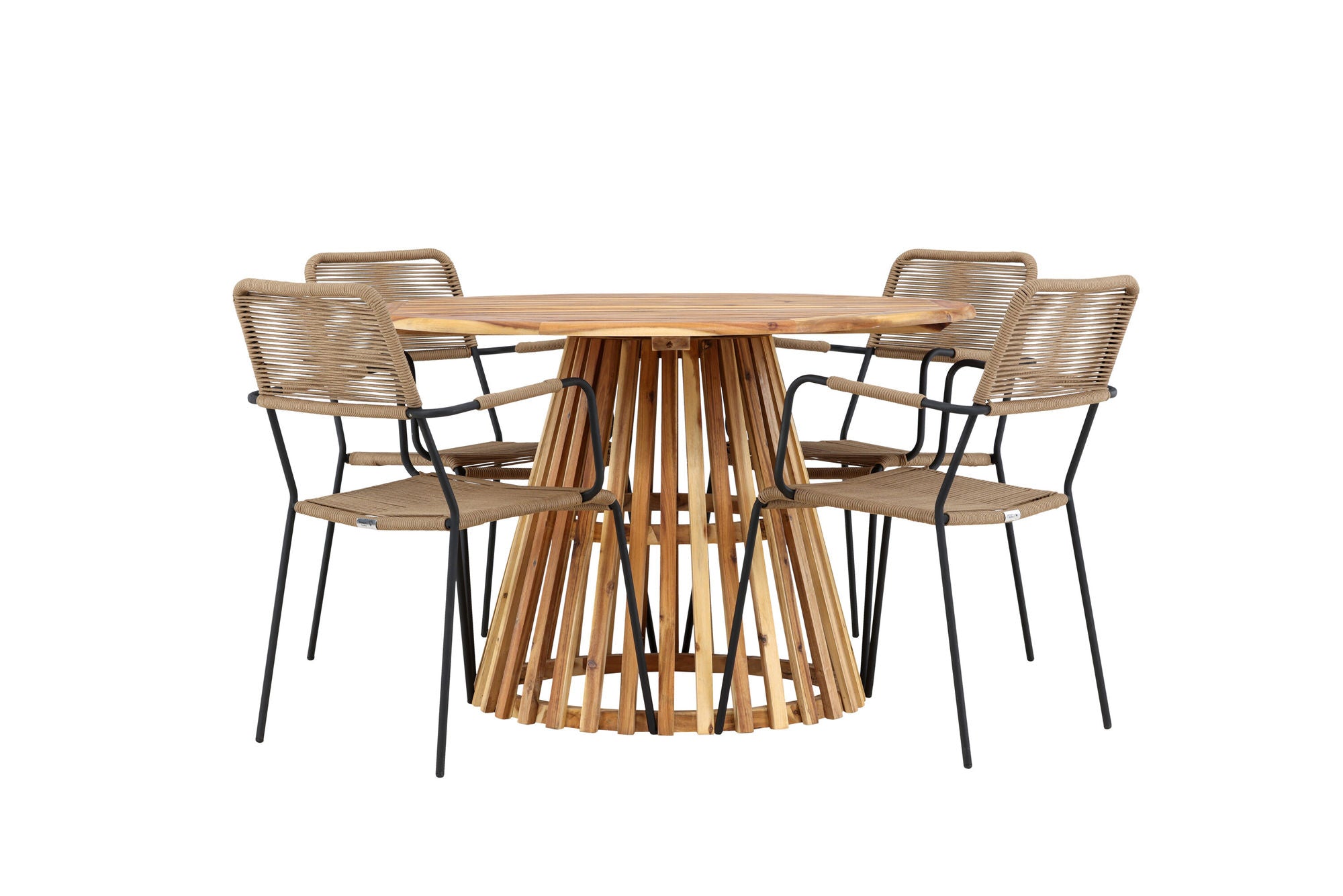 Venture Home Lumpur Diningbord Acacia - Teaklook / rund ø110**75 +Lindos - Armchair - Black Alu / Latte Rope _4